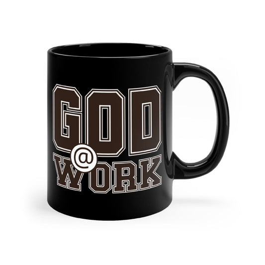 Black Ceramic Mug - 11oz, God @ Work Brown And White Print