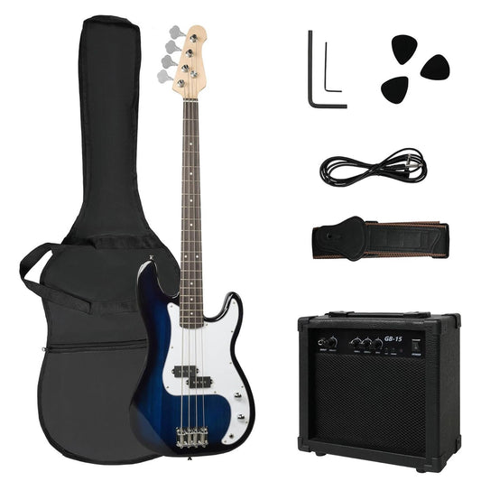 46 Inch Full Size Electric Bass Guitar Kit PB style for Beginners with Amplifier, Blue and White