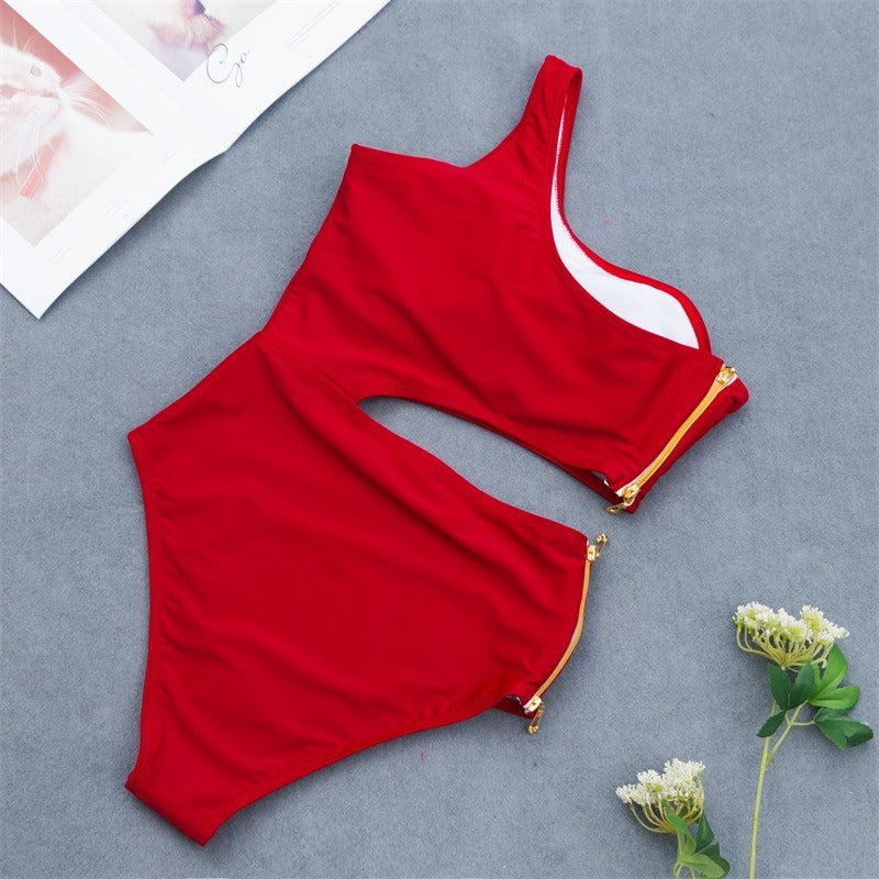 Hot Bikini Sexy Zipper Design One-shoulder One-piece Swimsuit