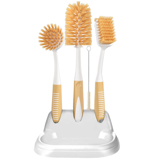 Dish Brush Set of 5 with Convenient Holder Bottle Water Brush Dish Scrub Brush Scrubber Brush and Straw Brush Kitchen Scrub Brushes Non Slip Long Handle for Sink Dishes Cup Pot