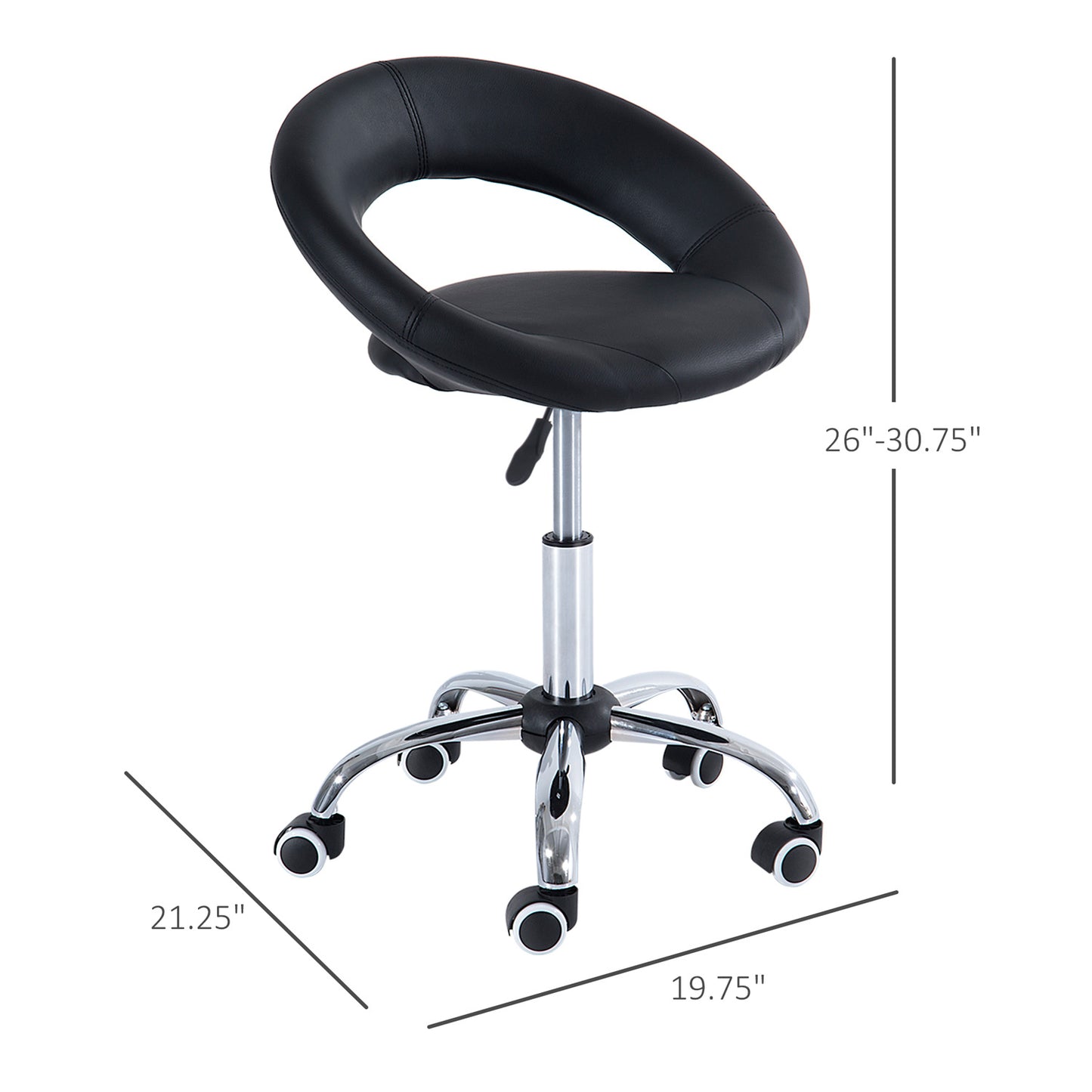 Crescent Rolling Salon Stool with Adjustable Height, Breathable Open Back, Foam Cushion Seat, and 5 Caster Wheels, Black