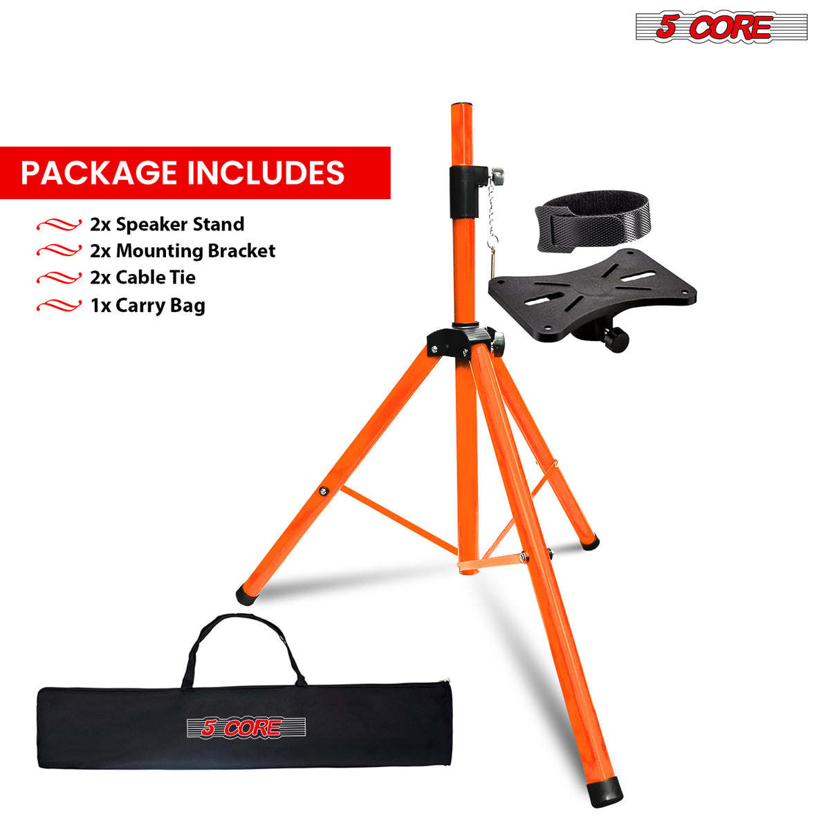 5 Core Speaker Stand Tripod Floor Adjustable Up to 48 Inch DJ Studio Monitor Stands Pole Mount Pair - SS HD 2PK ORG 4FT BAG