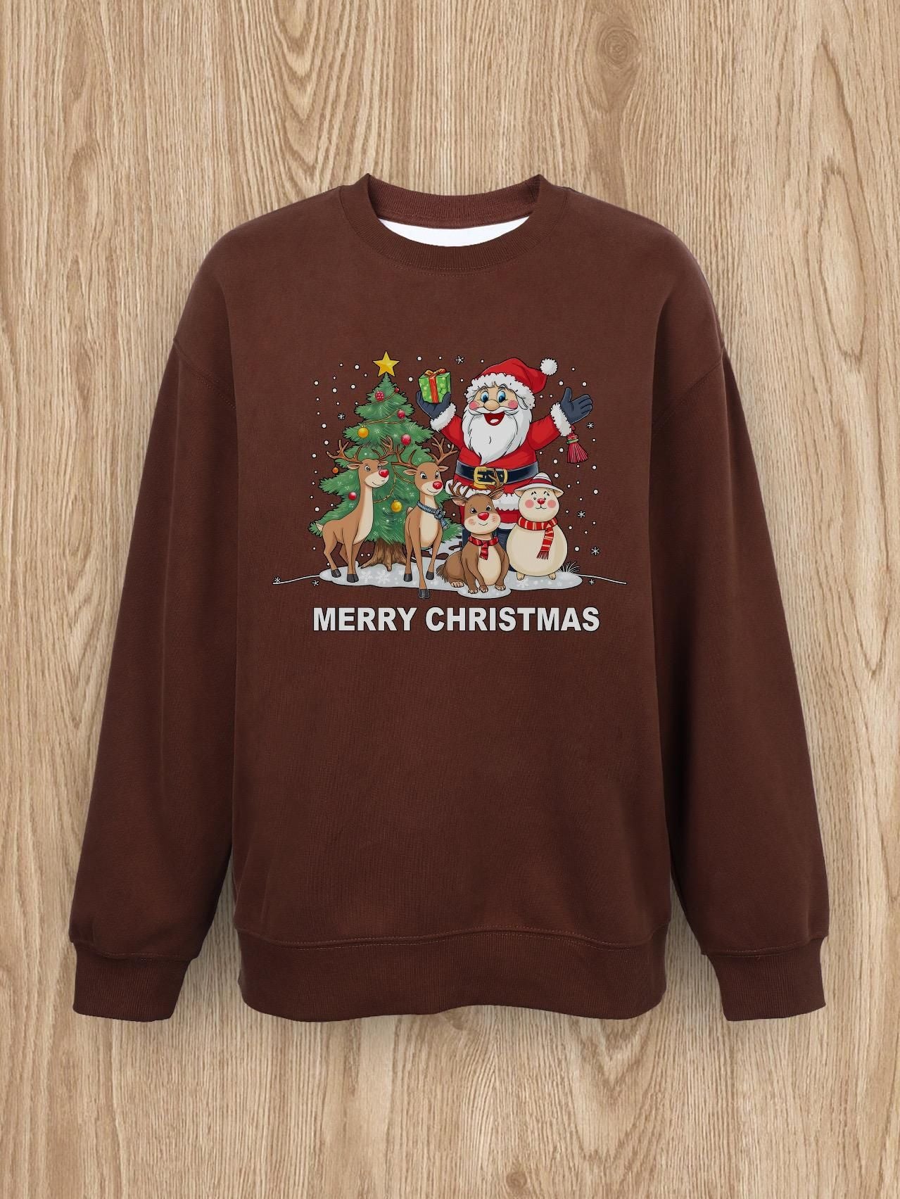 Women Basic Casual Pullover Spring Autumn Long Sleeve Little Elk with Santa Claus Printed Round Neck