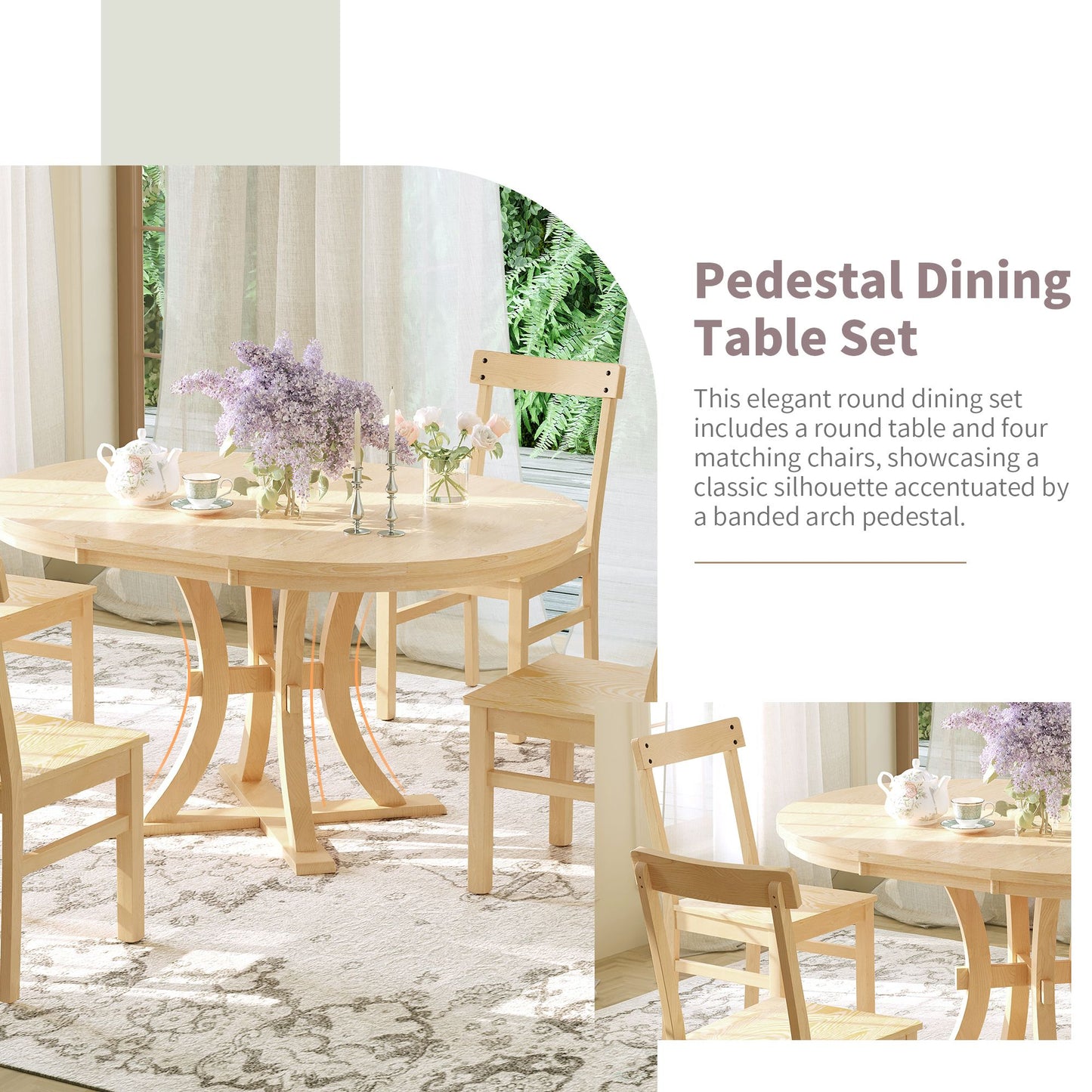 5-Piece Rustic Round Pedestal Extendable Dining Table Set with 15.7\" Removable Leaf and Simple Dining Chirs for Small Places