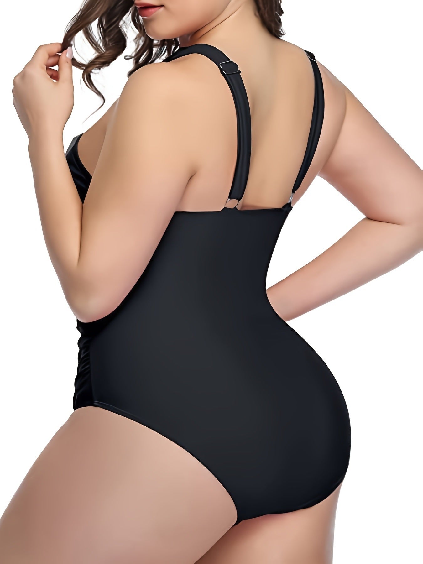 Plus Size Criss Cross Neck Cut Out One Piece Swimsuit; Women's Plus High Stretch Modest One Piece Bathing Suit