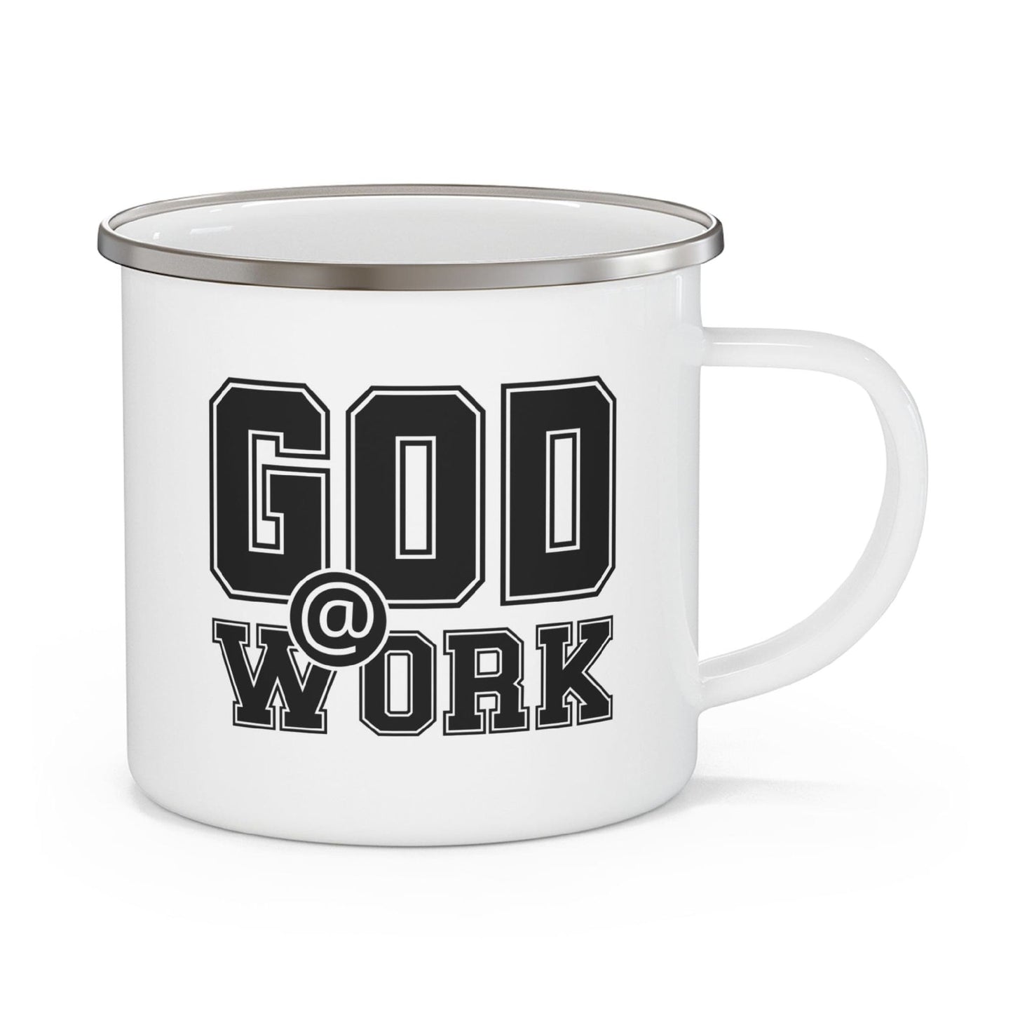 Enamel Camping Mug, God @ Work Black And White Print