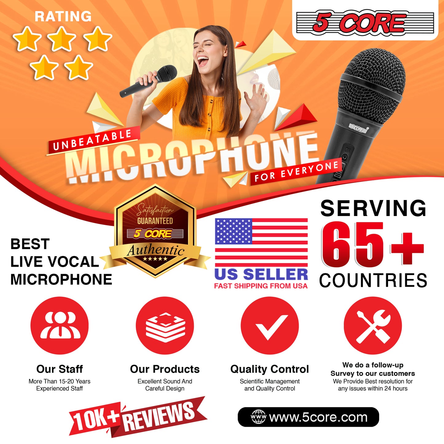 5 Core Microphone Pair XLR Dynamic Mic Karaoke Singing Handheld Microfono Wired Professional Unidirectional 1/4 Plug In Cord Connection for Vocal DJ Music - PM 1O1 BLK