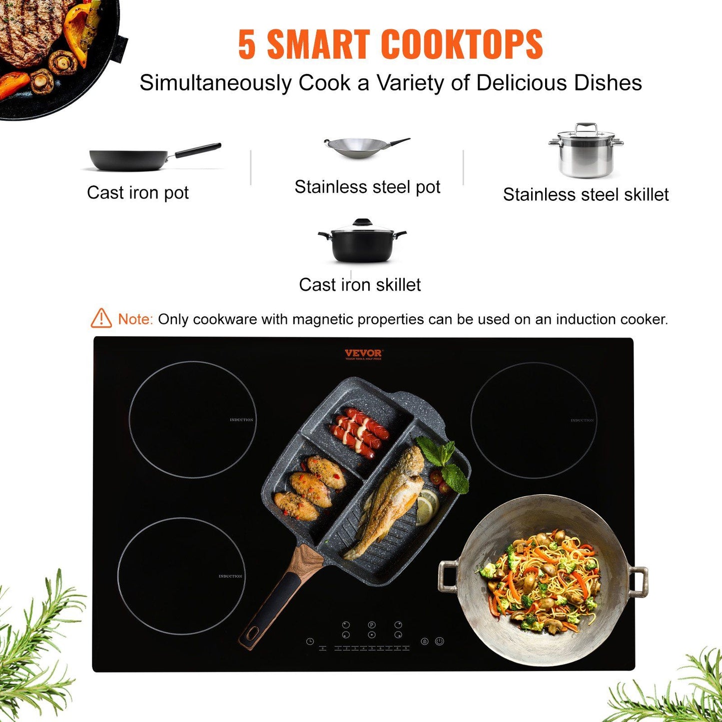 VEVOR Electric Cooktop, 5 Burners, 36'' Induction Stove Top, Built-in Magnetic Cooktop 9200W, 9 Heating Level Multifunctional Burner, LED Touch Screen w/ Child Lock & Over-Temperature Protection