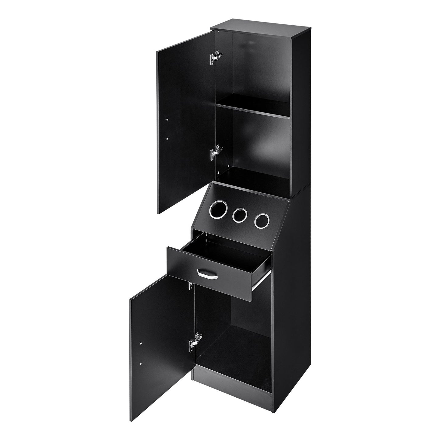 VEVOR Salon Storage Cabinet, Barber Salon Station for Hair Stylist, Hair Stylist Station Set, with 3 Hair Dryer Holders, Cabinets, and A Drawer, Black