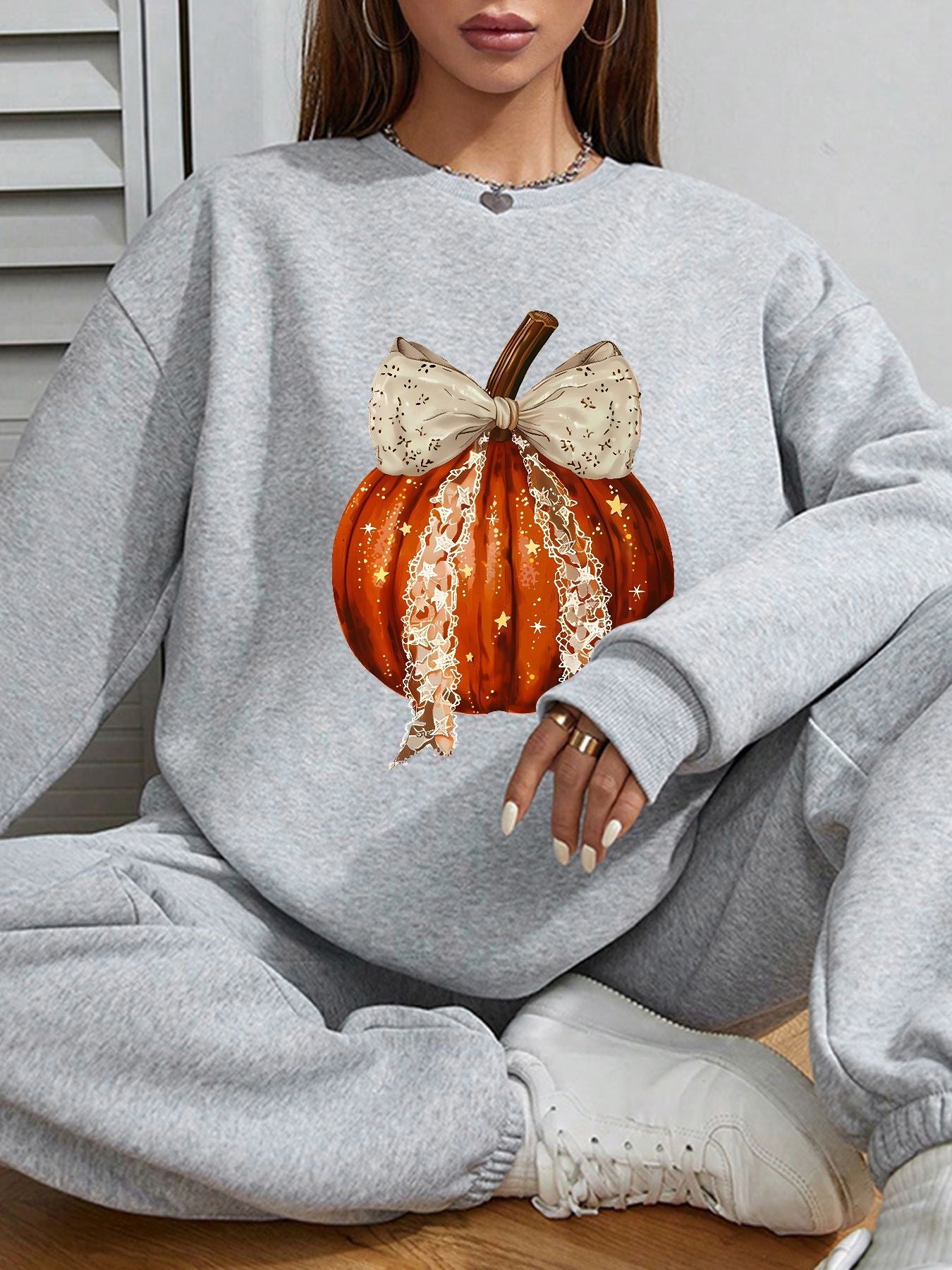 Women Basic Casual Pullover Spring Autumn Long Sleeve Pumpkin Bow Printed Round Neck