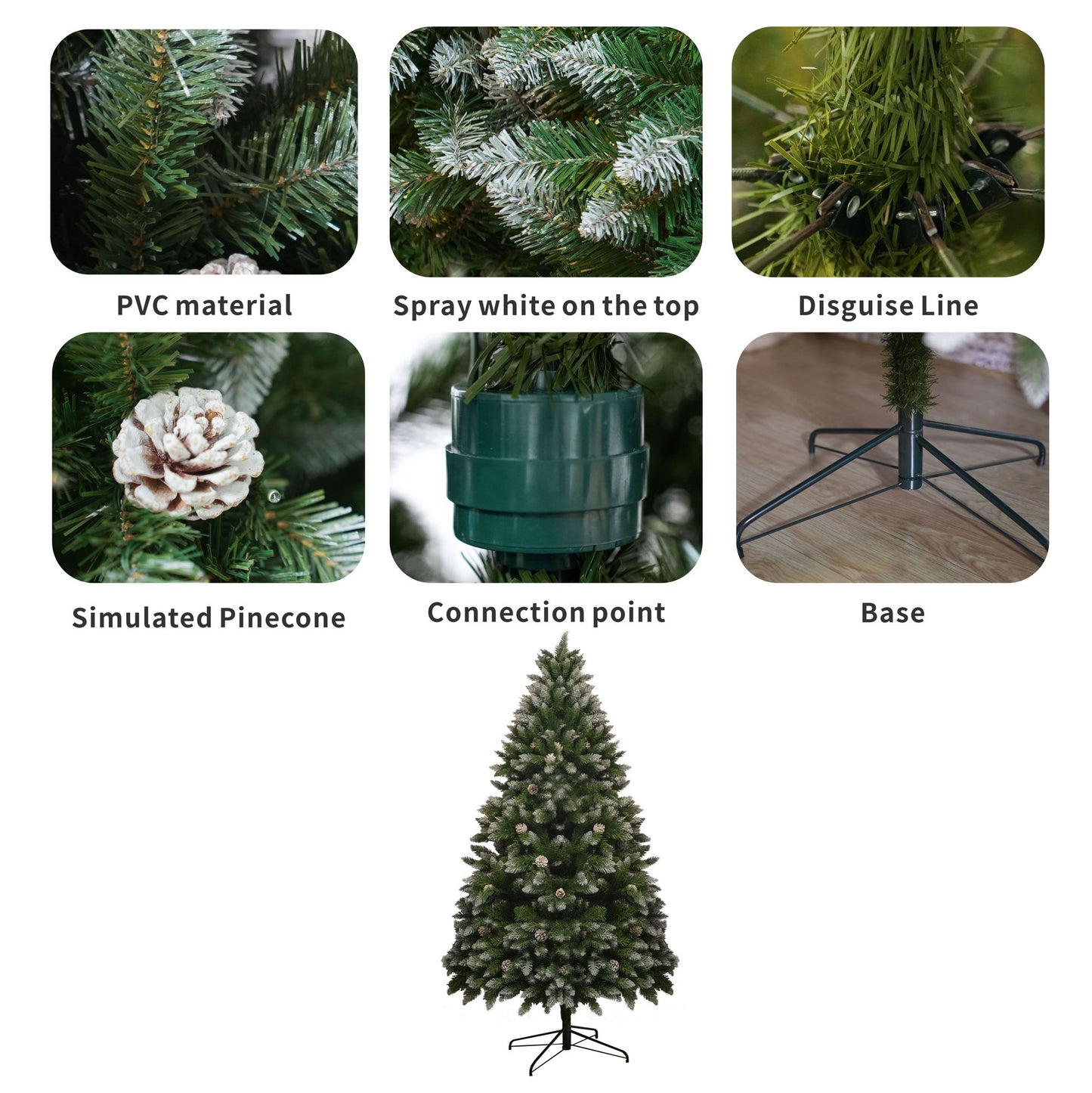 6FT PVC Christmas Tree, 883 Snow-Covered Branches Tips with Pinecones, Environmentally Friendly Artificial