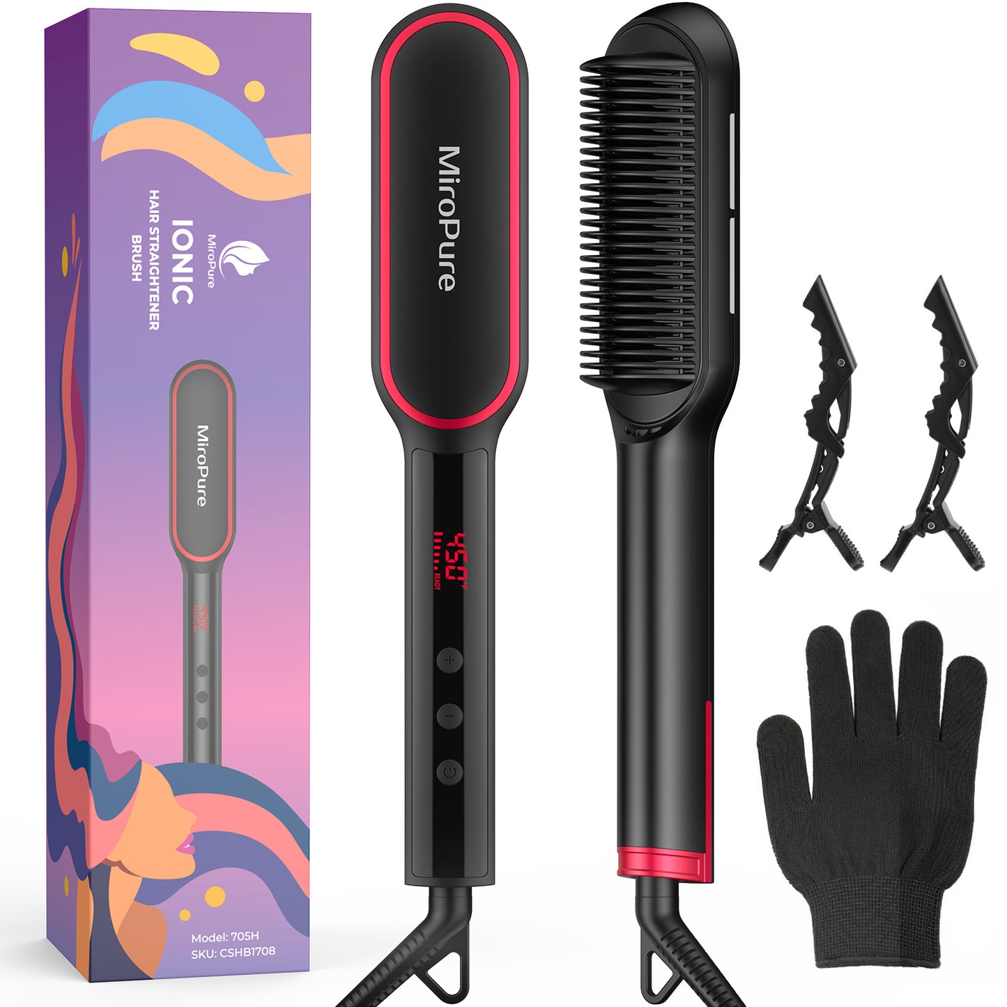 MiroPure Hair Straightener Brush, Hair Straightener Comb, 2-in-1 Ionic Straightening Brush with LCD Display, 13 Temperature Settings 30s Fast Even Heating Dual Voltage, Anti-Scald