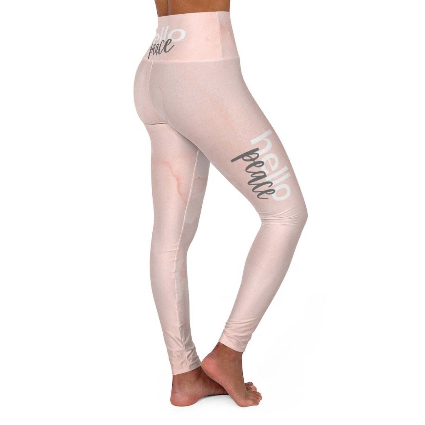 High Waisted Yoga Leggings, Peach Marble Hello Peace Graphic Style Fitness Pants