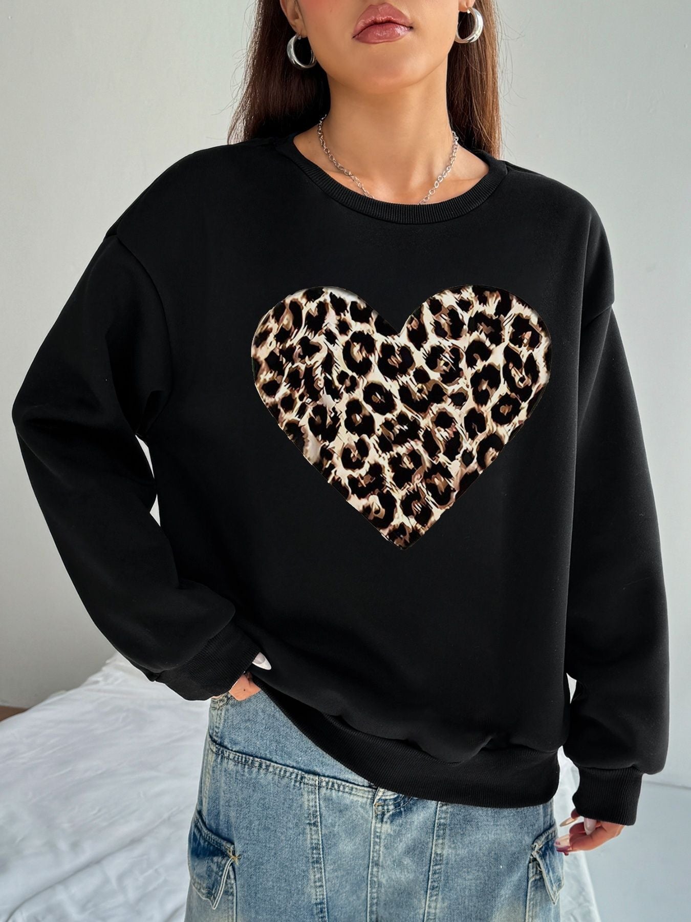 Women Basic Casual Pullover Spring Autumn Long Sleeve Leopard Print Love Printed Round Neck