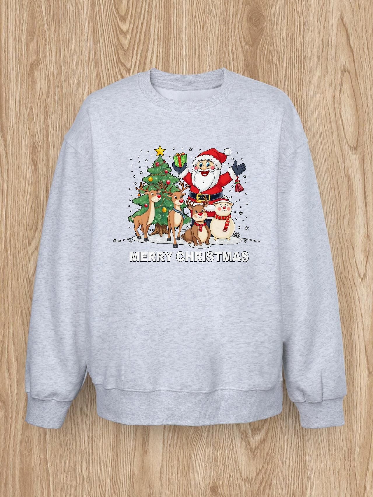 Women Basic Casual Pullover Spring Autumn Long Sleeve Little Elk with Santa Claus Printed Round Neck