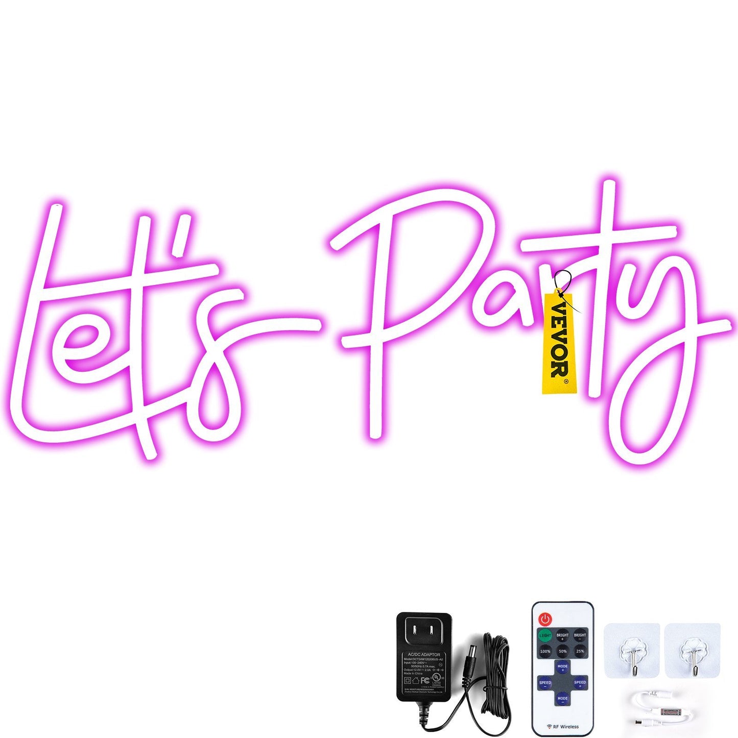 VEVOR Let's Party Neon Sign, 23"X10" Neon Sign for Wall Decor, Adjustable Brightness Pink Neon Light Sign with Remote Control and Power Adapter, for Party/Wedding Celebration/Home Decoration