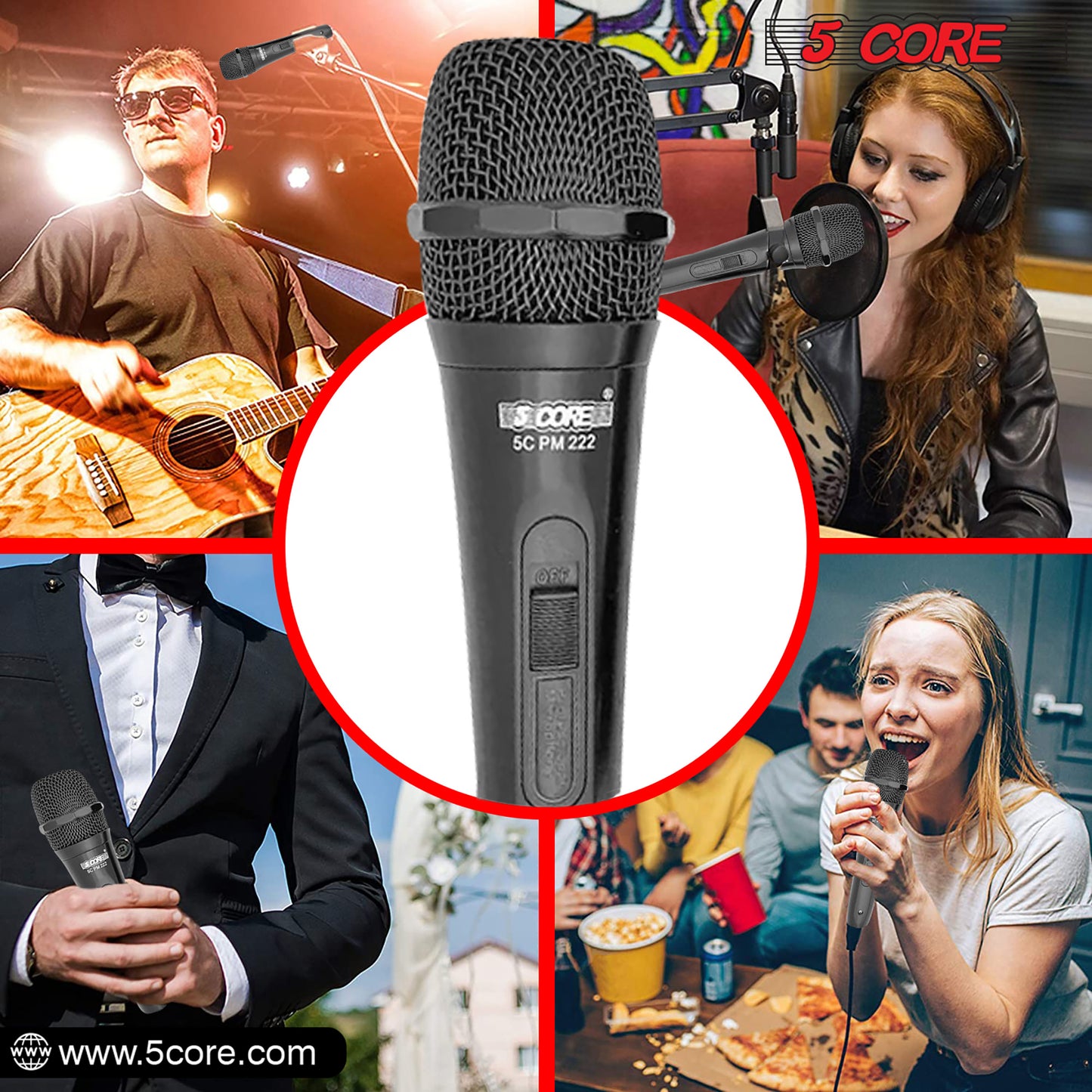 5 Core Microphone XLR Dynamic Mic Karaoke Singing Handheld Microfono Wired Professional Unidirectional 1/4 Plug In Cord Connection for Vocal DJ Music - PM-222