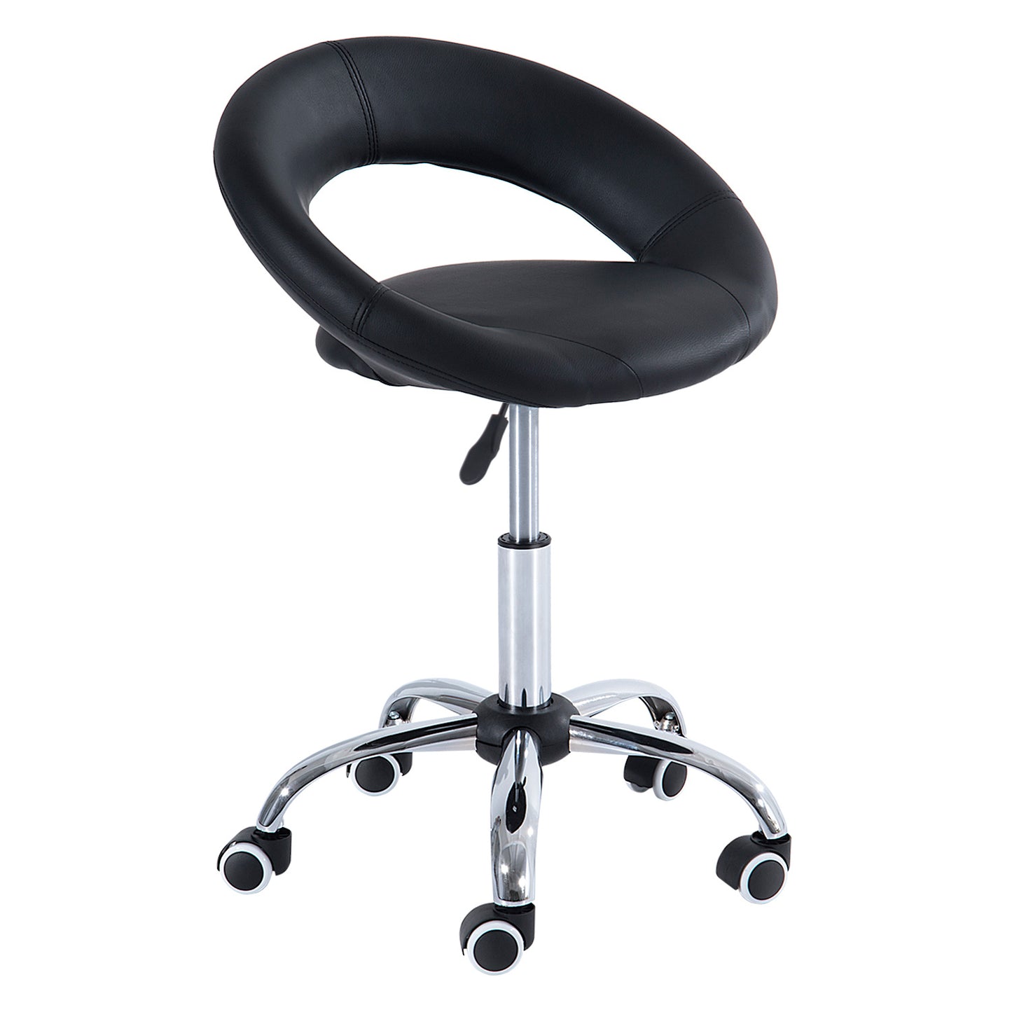 Crescent Rolling Salon Stool with Adjustable Height, Breathable Open Back, Foam Cushion Seat, and 5 Caster Wheels, Black