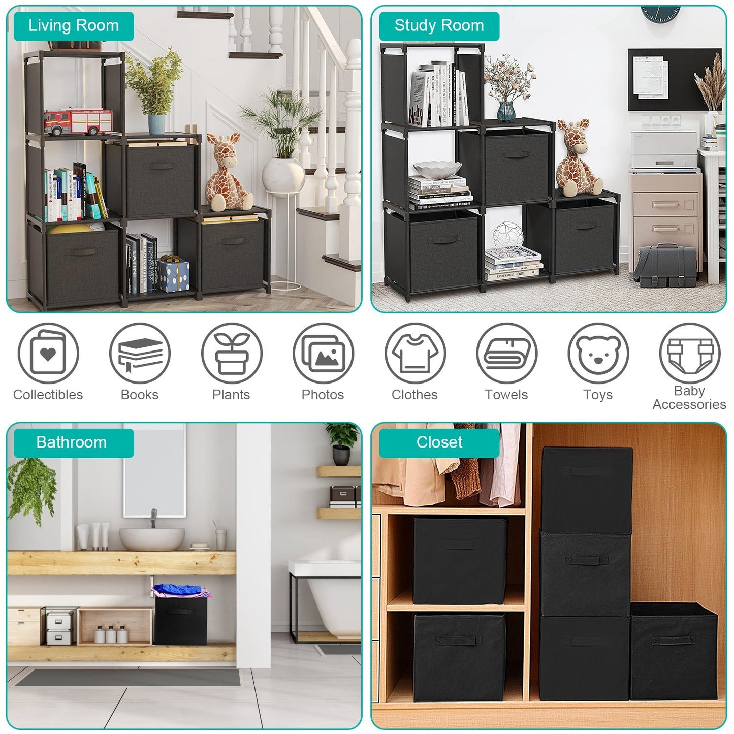 2 Sets Storage Bin Non-Woven Fabric Cube Organizer with Handle Foldable Cube Basket For Shelves Closet Living Room Bedroom Black