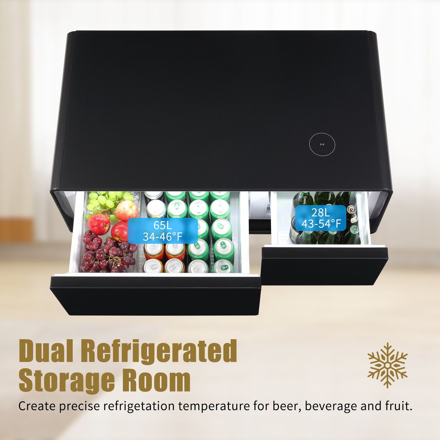 Modern Smart mini Coffee Table with Built in Fridge;  Outlet protection; Wireless charging module; Mechanical temperature control; Power socket; USB interface And power interface.