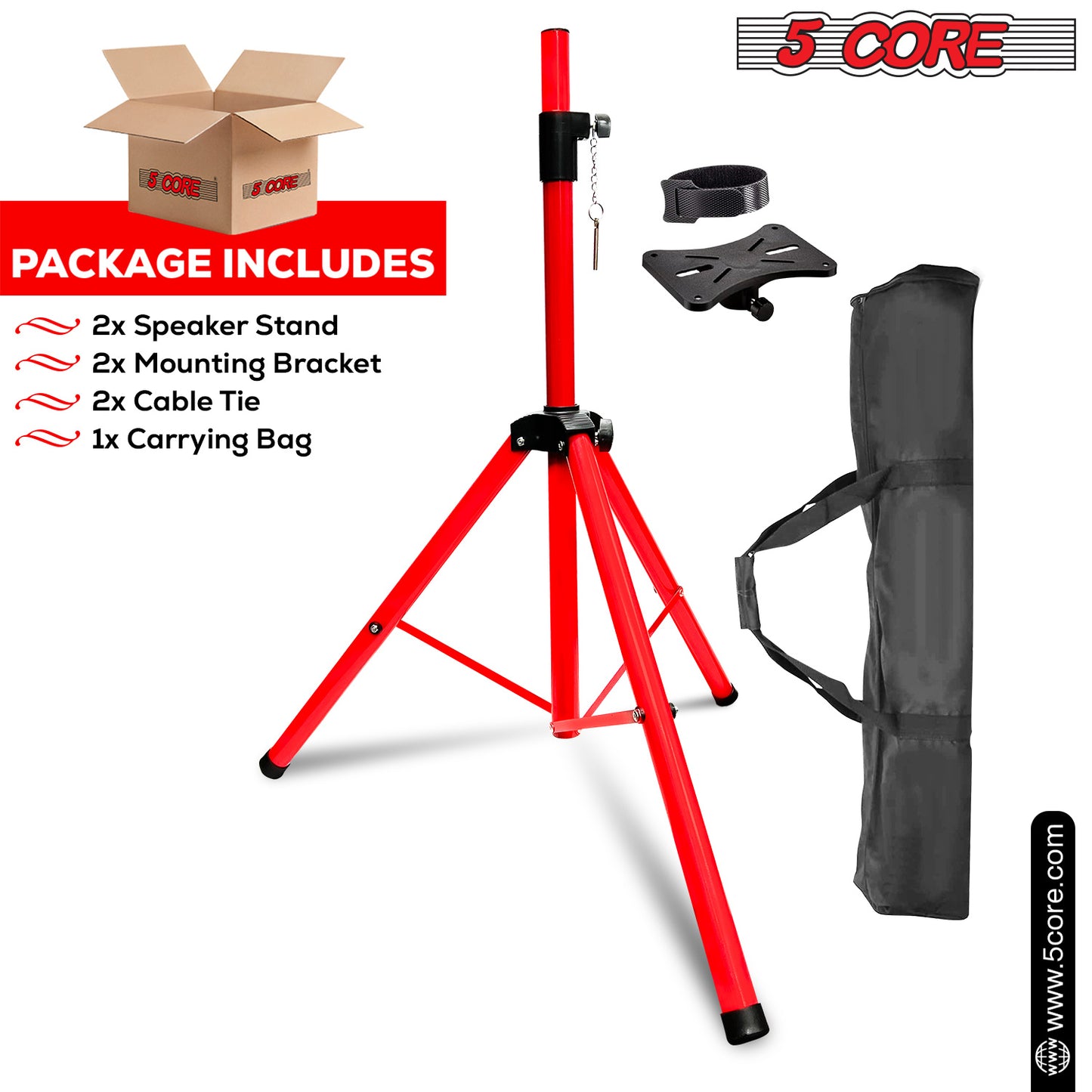 5 Core Speaker Stand Tripod Floor Heavy Duty Adjustable Up to 72 Inch DJ Studio Monitor Stands Pole Mount  - SS HD RED BAG