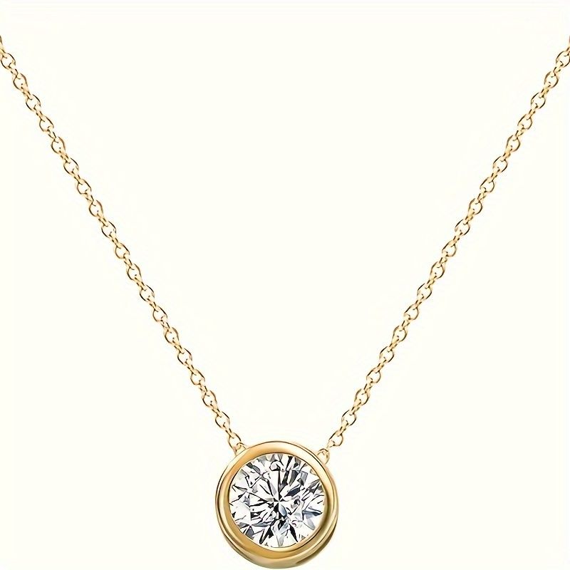 "14k Solid Gold Cubic Zirconia Round Solitaire Pendant, Cubic Zirconium Solitaire Choker  Chain Necklace for Mother's Day Christmas, Fine Jewelry Gift For Women (Material, 14k Yellow Gold)"