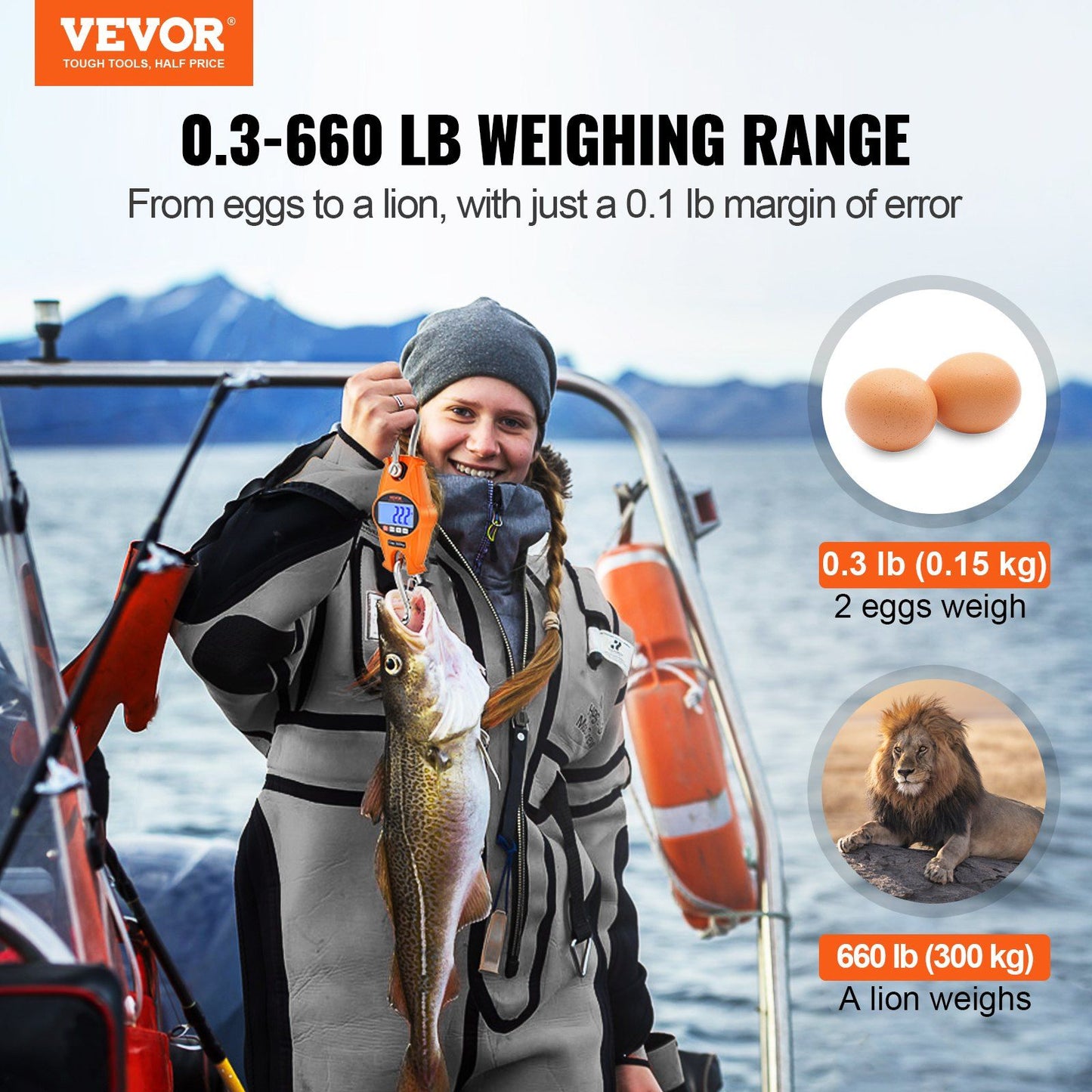 VEVOR Digital Crane Scale, 660 lbs/300 kg, Industrial Heavy Duty Hanging Scale with Cast Aluminum Case & LCD Screen, Handheld Mini Crane with Hooks for Farm, Hunting, Fishing, Outdoor, Garage (Orange)