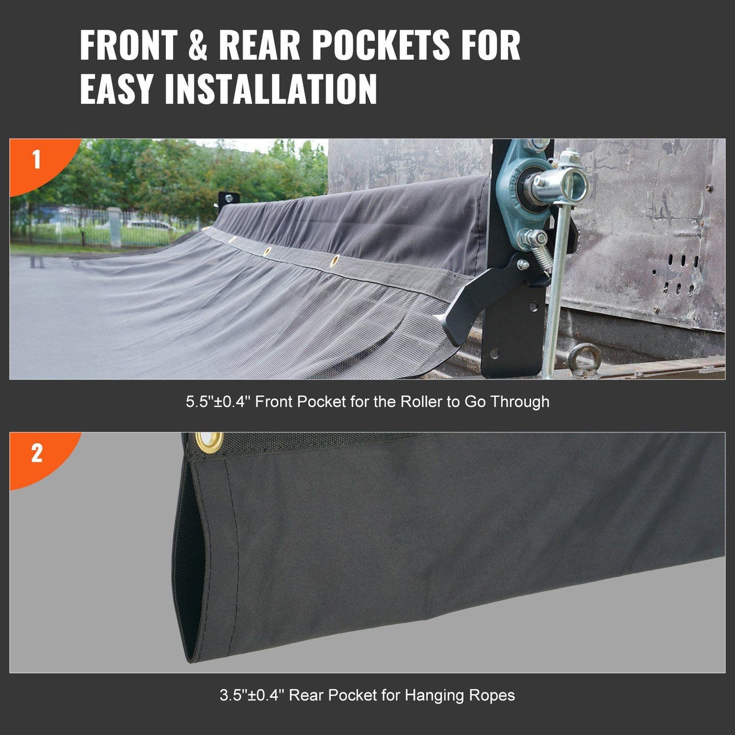 VEVOR Dump Truck Mesh Tarp, 7.5x18 ft, PVC Coated Black Heavy Duty Cover with 5.5" 18oz Double Pocket, Brass Grommets, Reinforced Double Needle Stitch Webbing Fits Manual or Electric Dump Truck System