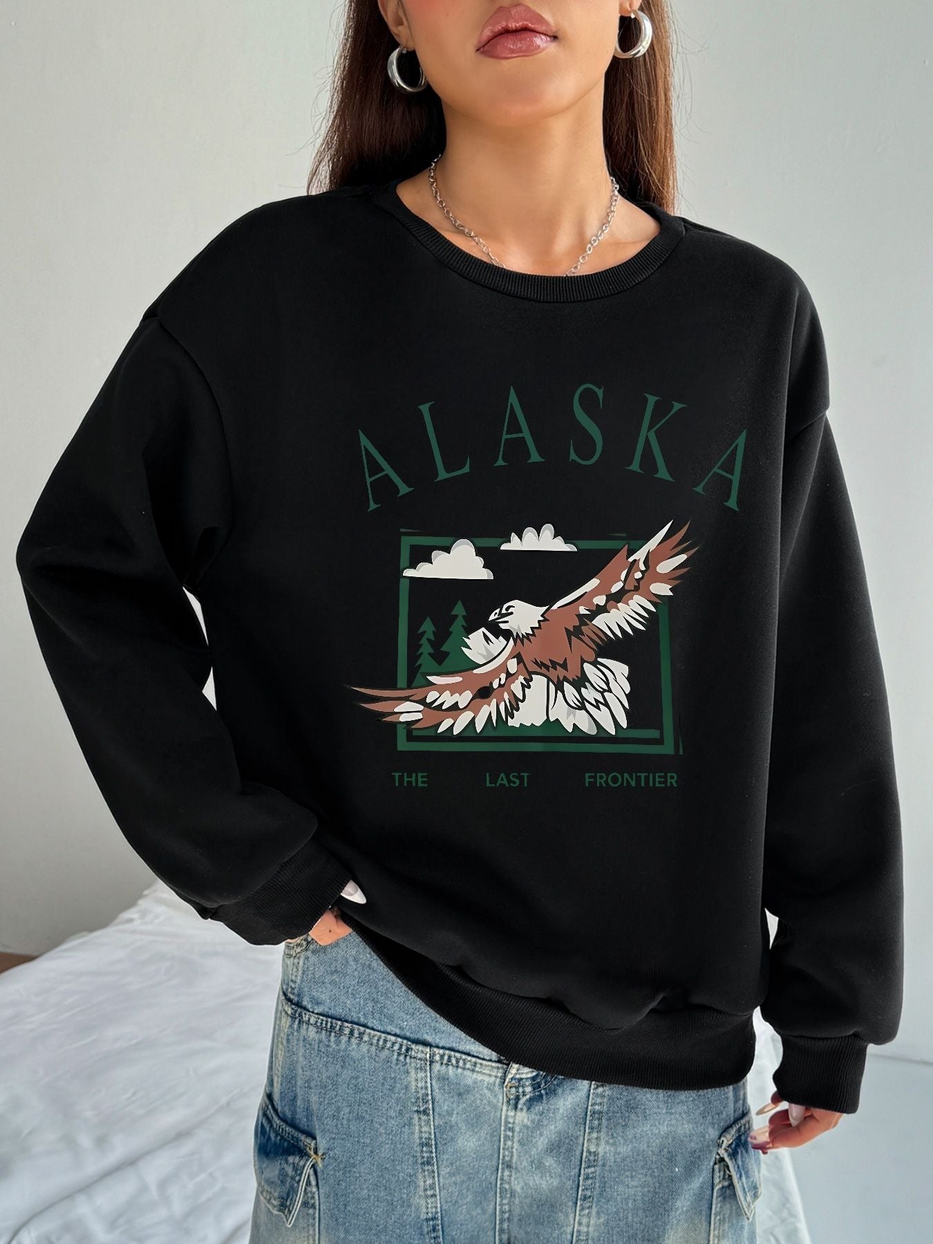 Women Basic Casual Pullover Spring Autumn Long Sleeve Alaskan Eagle Round Neck