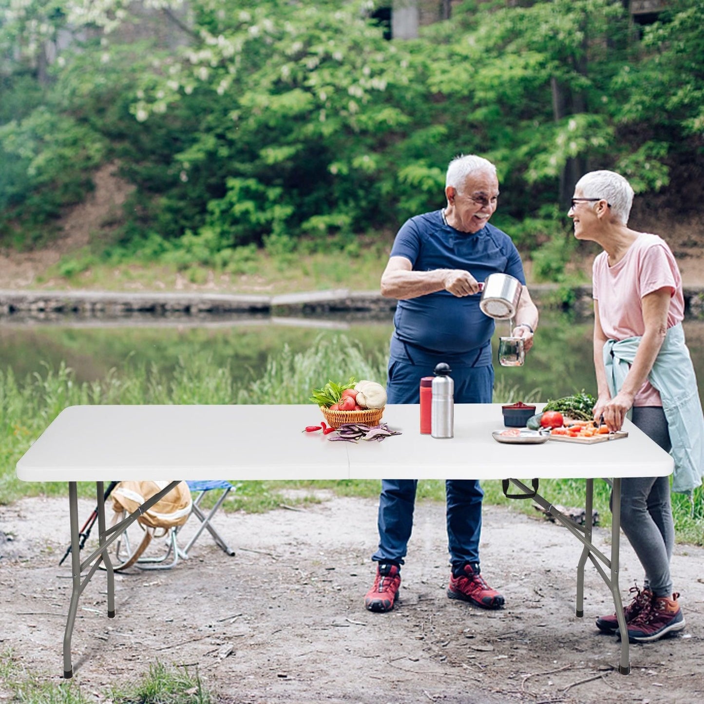 8ft Portable Folding Plastic Table for 8-10 Picnic Dining Table 96" with Carry Handle, White