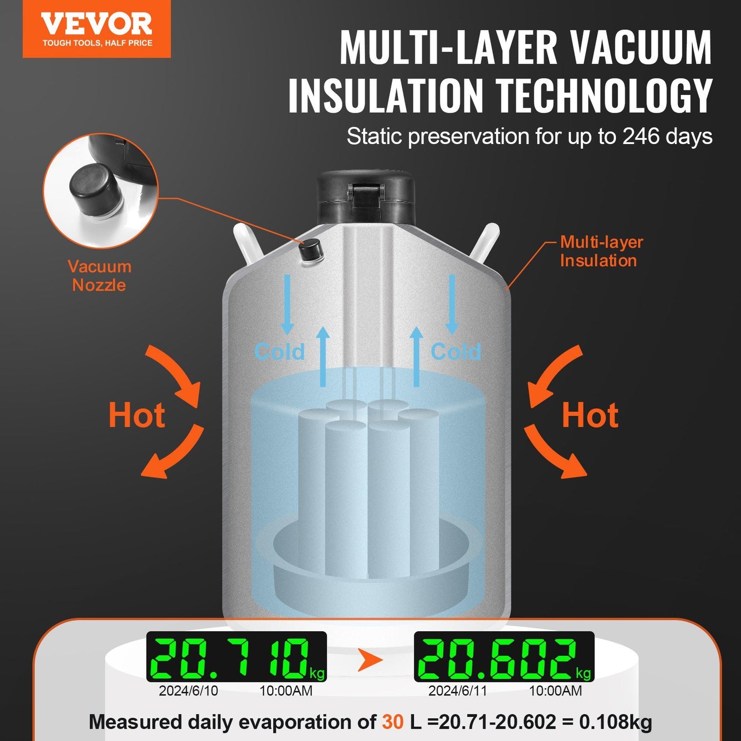 VEVOR Liquid Nitrogen Tank 30 L Aluminum Alloy LN2 Container Dewar 6 Canisters