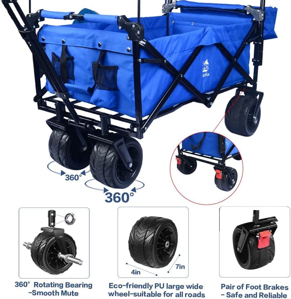 Collapsible Wagon Heavy Duty Folding Wagon Cart with Removable Canopy, 4" Wide Large All Terrain Wheels, Brake, Adjustable Handles,Cooler Bag Utility Carts for Outdoor Garden Beach