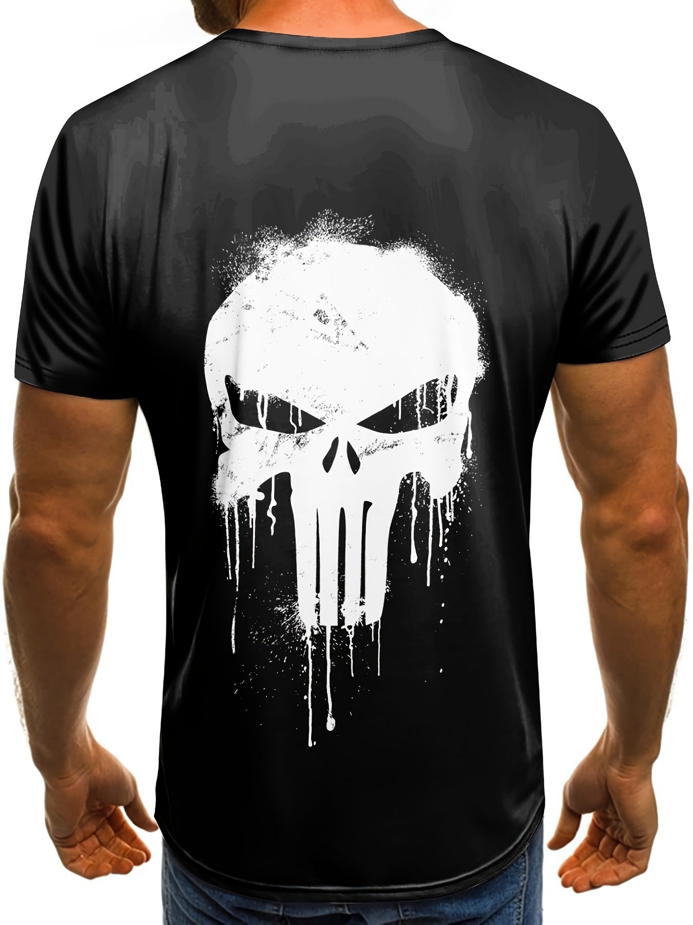 Men's Skull Print T-shirt, Casual Short Sleeved Round Neck T-shirt, Outdoor Men's Clothing