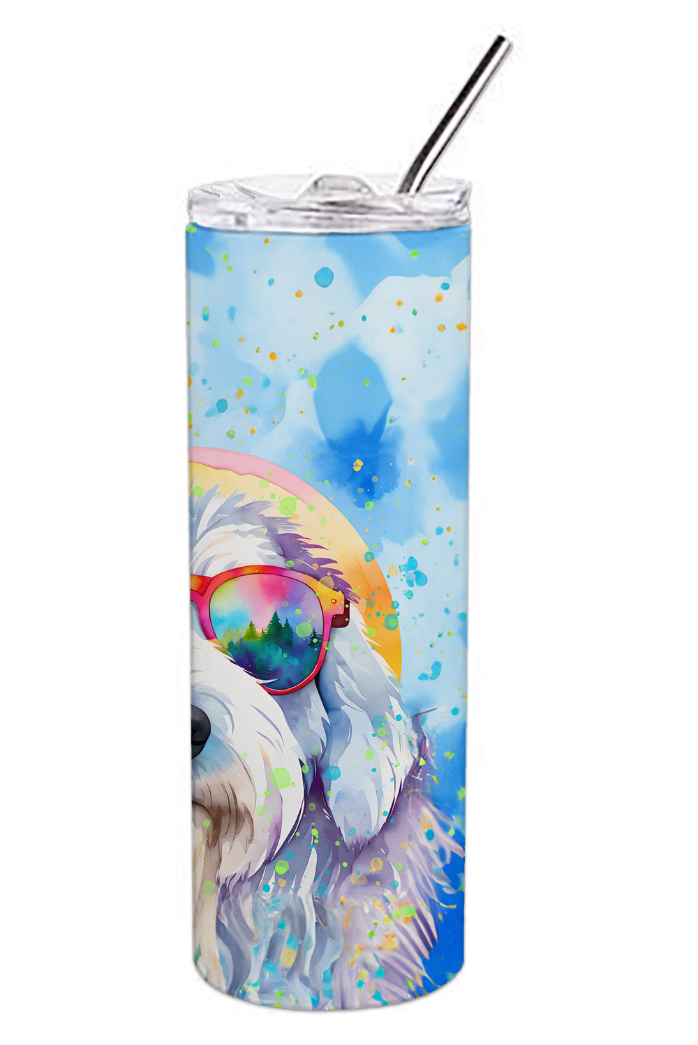 Old English Sheepdog Hippie Dawg Stainless Steel Skinny Tumbler Vacuum Double Walled Reusable Insulated Tumbler Travel Cup for Coffee Cocktails Gift with Lid, 20 oz