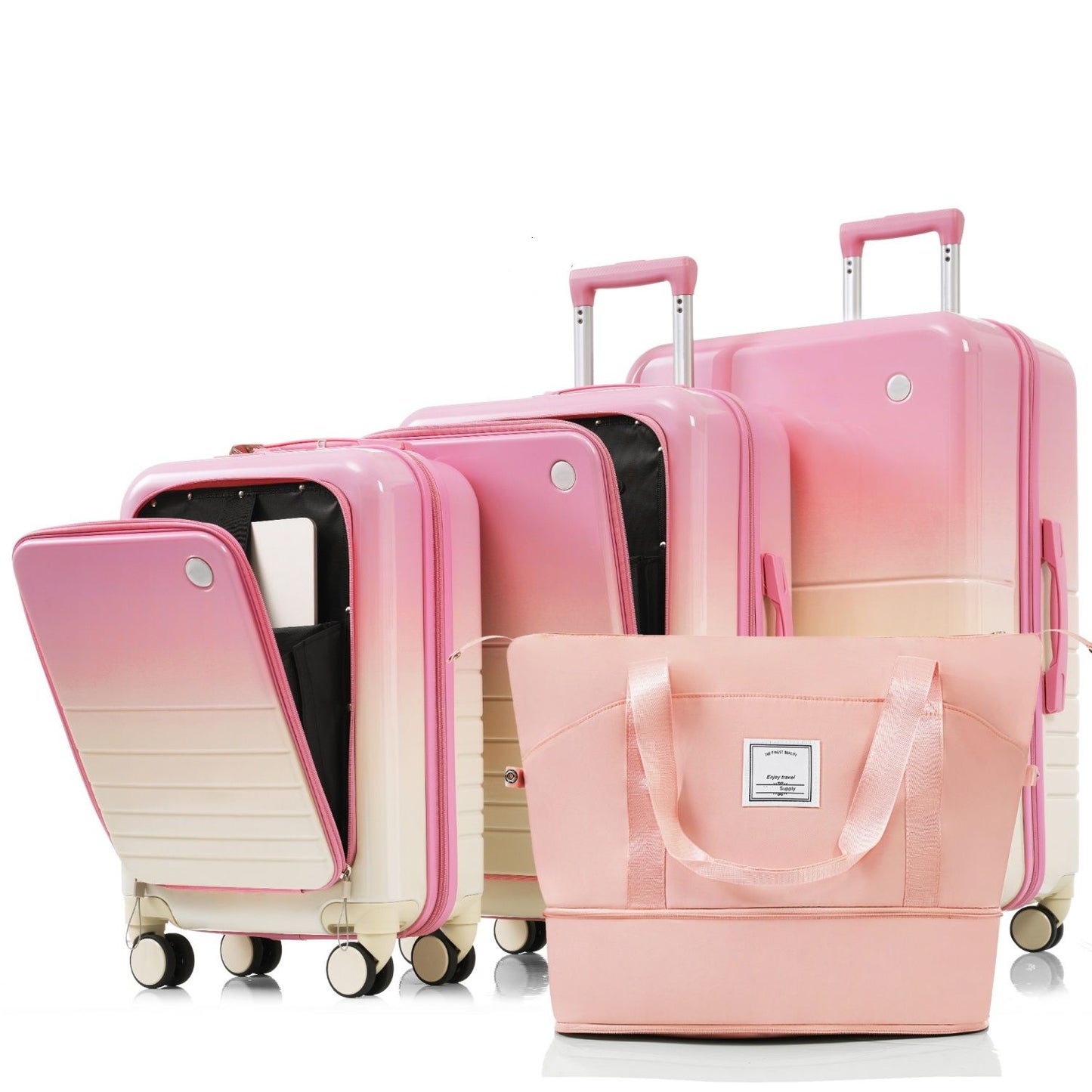 Luggage Set of 4 with USB Port, 20, 24inch with front opening design Airline Certified Carry on Luggage with Cup Holder, ABS+PC Hard Shell Luggage with Expandable Travel Bag, pink