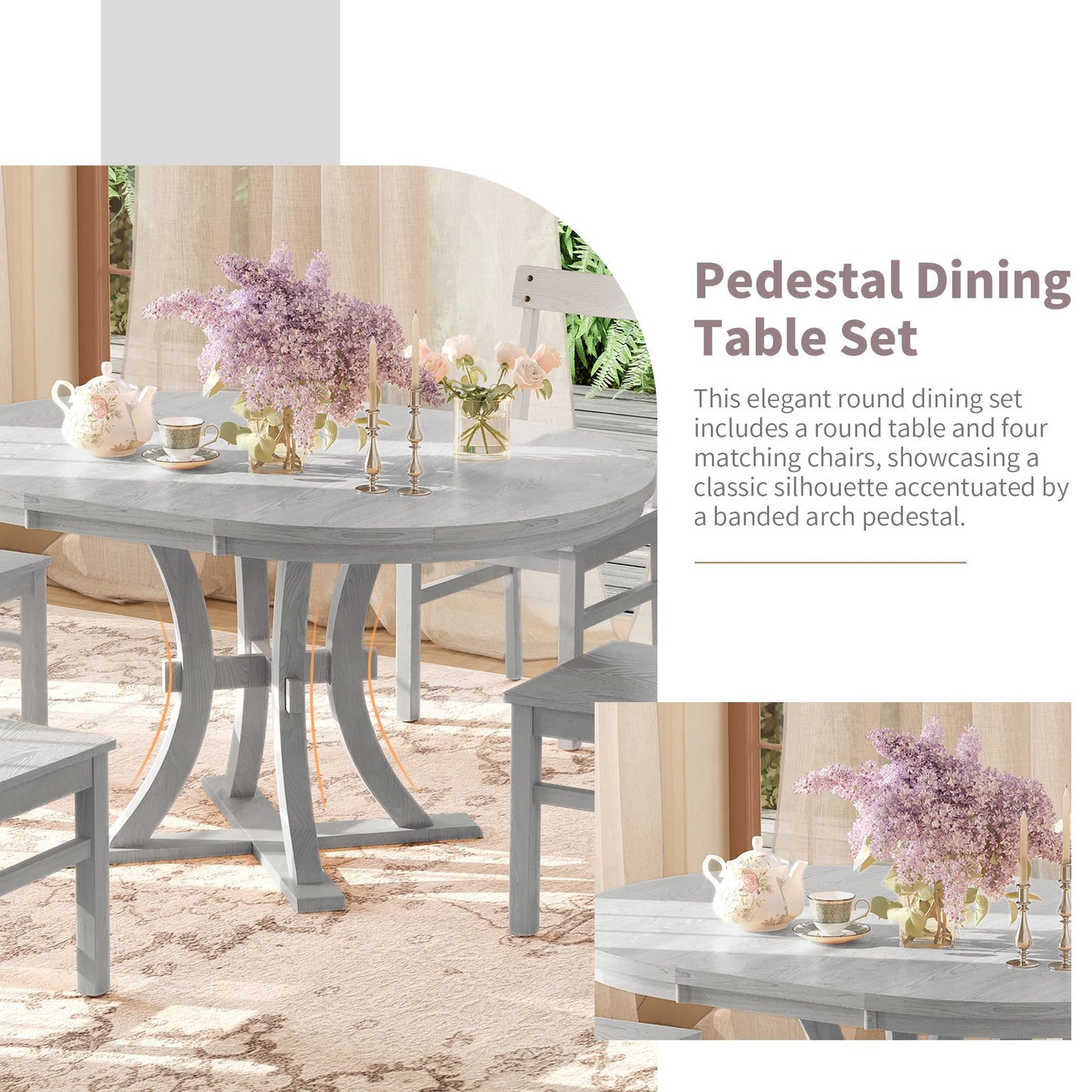 5-Piece Rustic Round Pedestal Extendable Dining Table Set with 15.7\" Removable Leaf and Simple Dining Chirs for Small Places