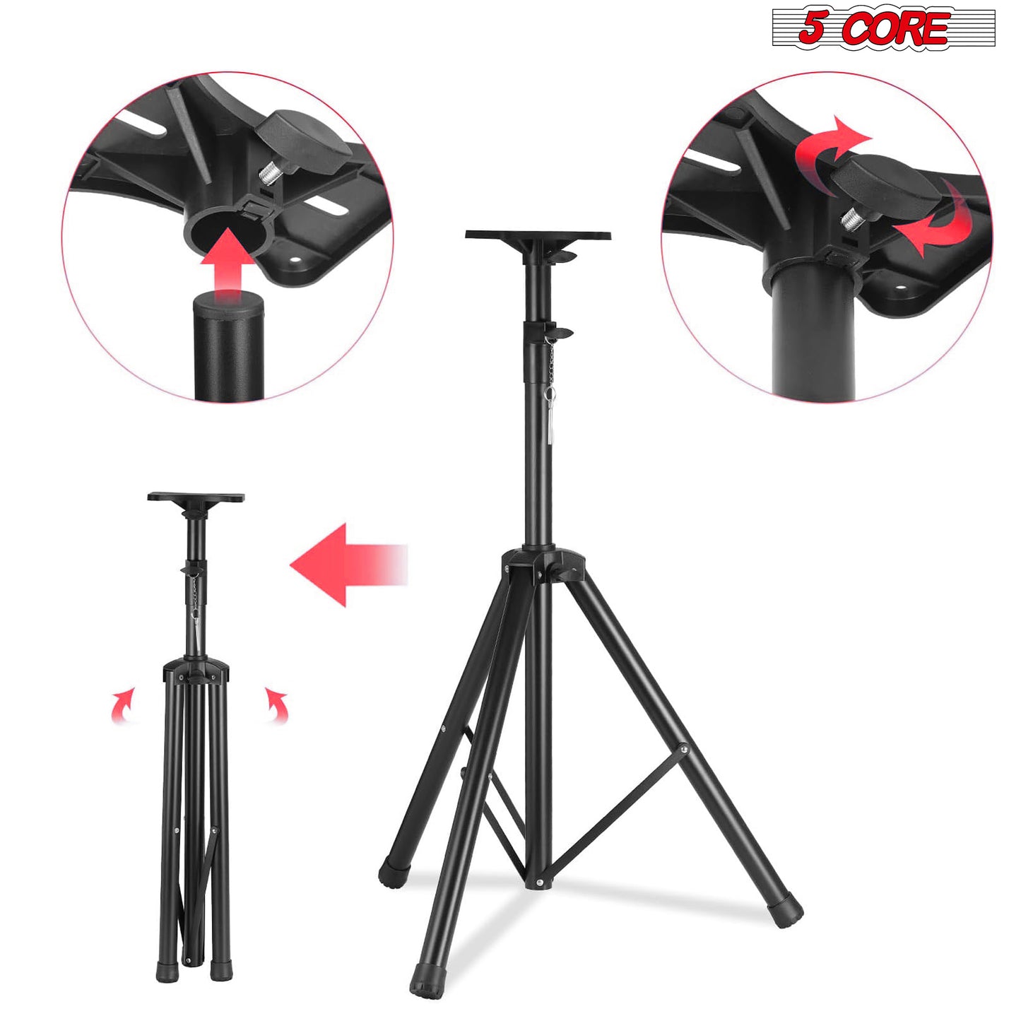 5 Core Speaker Stand Tripod Pair Tall Height Adjustable Heavy Duty DJ Light Floor Stands Universal 35mm Pole Mount PA Studio Monitor Large Subwoofer Support - - SS HD 2PK BLK BAG