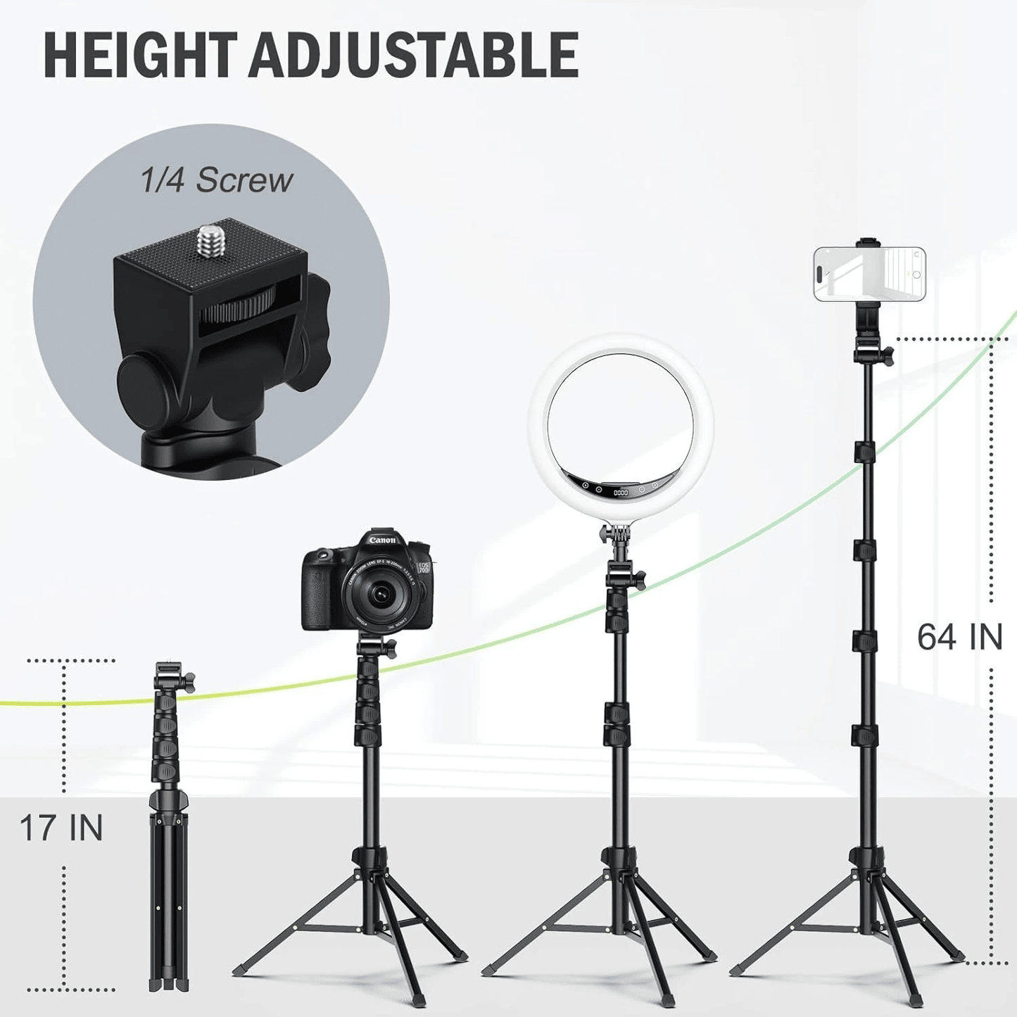 Adjustable Phone and Camera Tripod Stand with Remote, Portable and Sturdy 64'' Tripod for Smartphones and Cameras, Perfect for Video Recording and Live Streaming