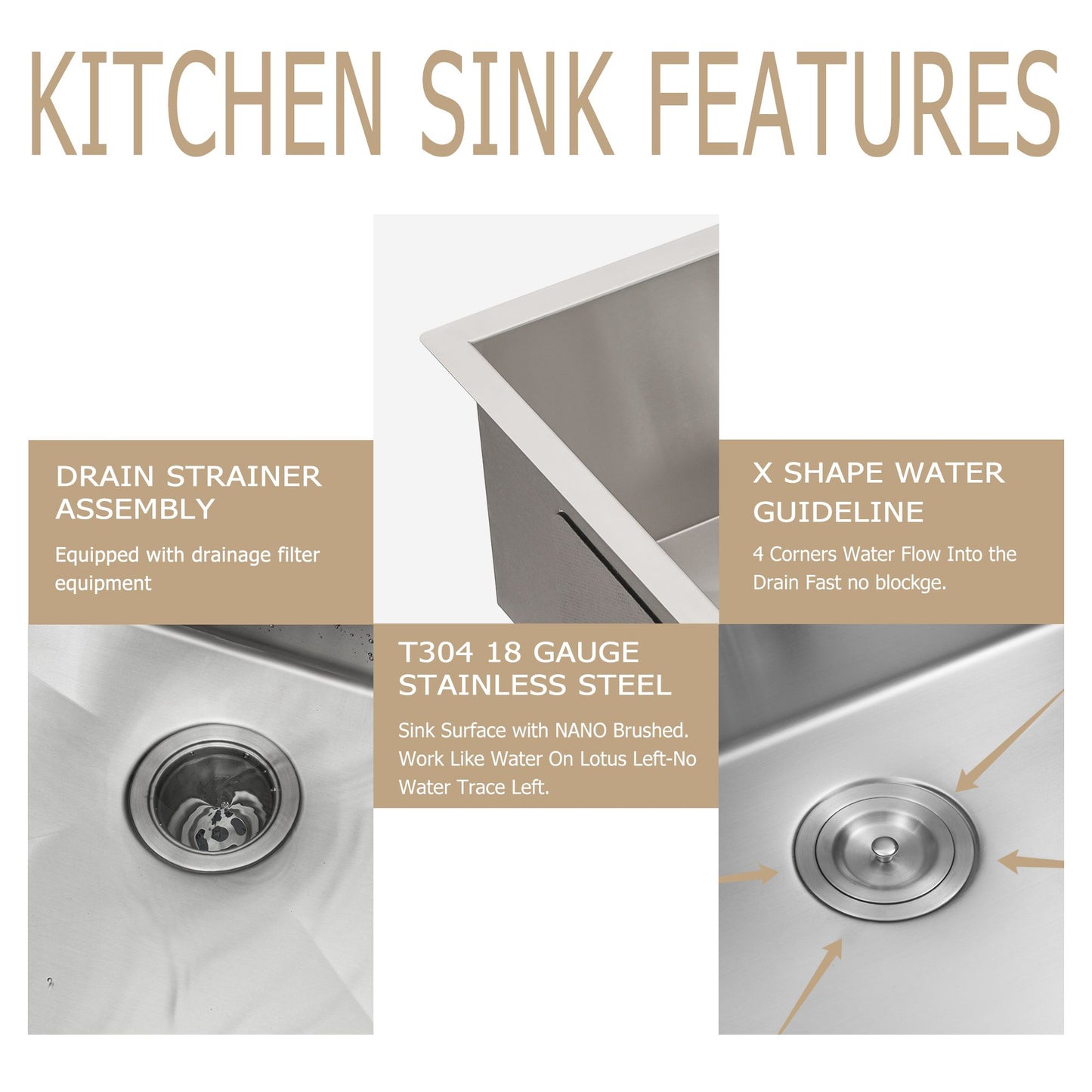 Undermount Sink Stainless Steel 18 Gauge Single Bowl Kitchen Sink Basin with Strainer