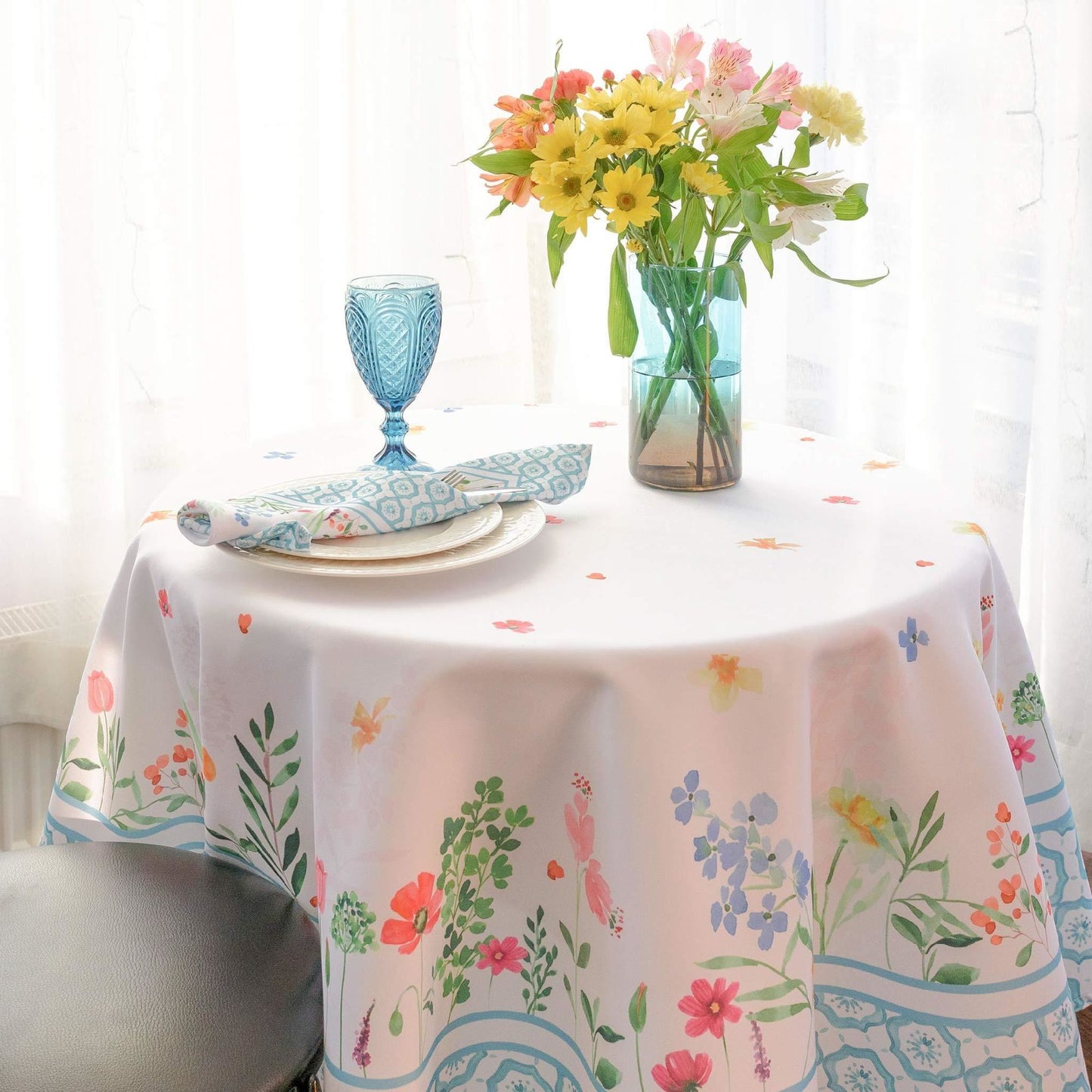 Floral Coloring Round Easter Tablecloth Non Iron Stain Resistant Table Cover Diameter 60 inch