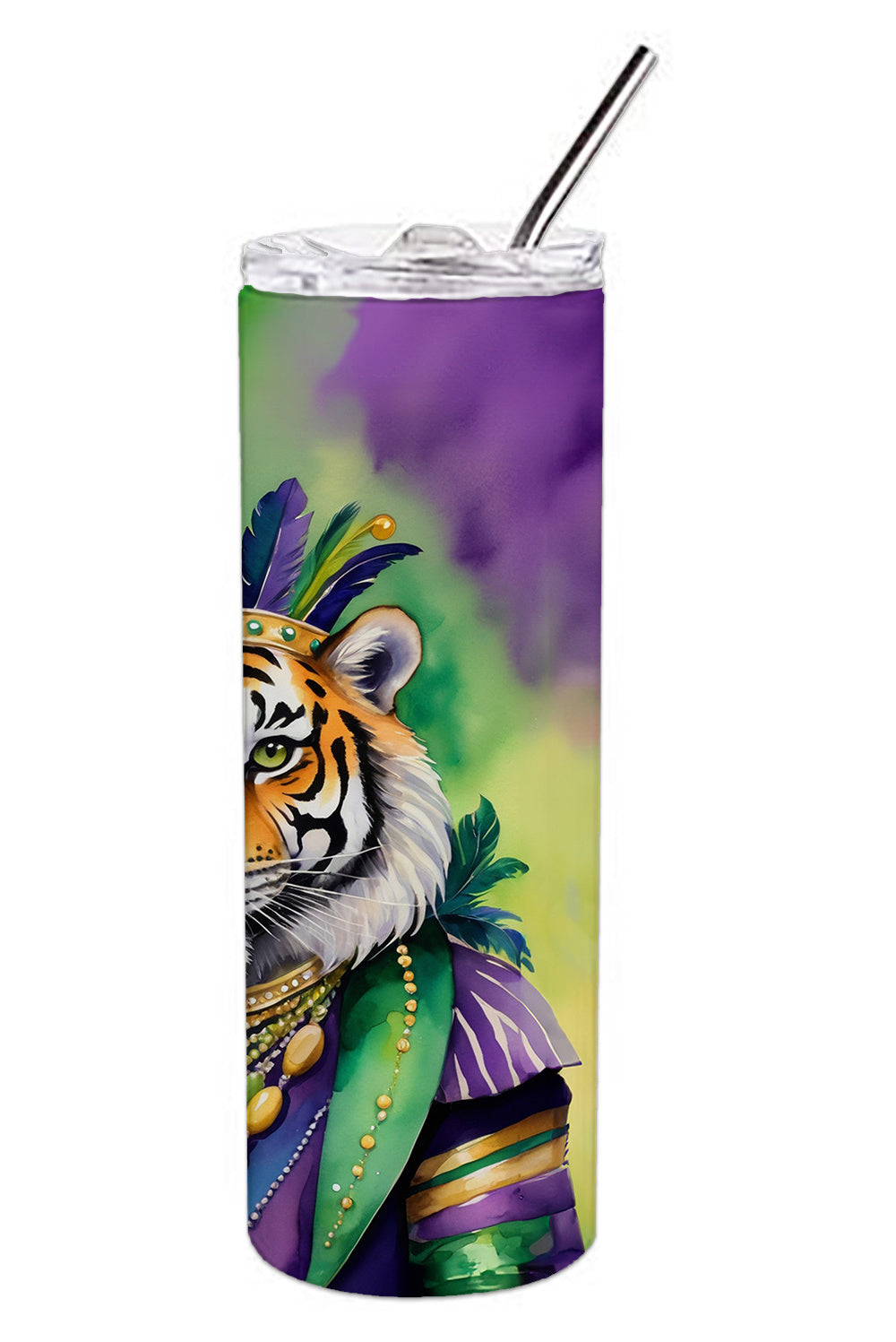 Tiger the King of Mardi Gras Stainless Steel Skinny Tumbler Vacuum Double Walled Reusable Insulated Tumbler Travel Cup for Coffee Cocktails Gift with Lid, 20 oz