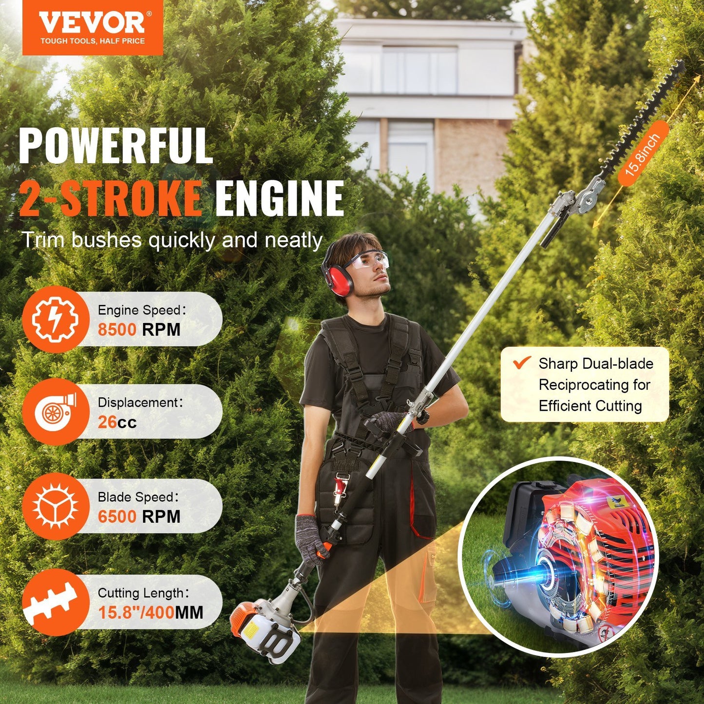 VEVOR 15.7-inch 26CC 2 Cycle Gas Hedge Trimmer, Gas Powered Pole Hedge Trimmer with Dual Sided Dual Action Blade, 270° Adjustable Trimmer Head, Suitable for Trimming Shrubs, Bushes