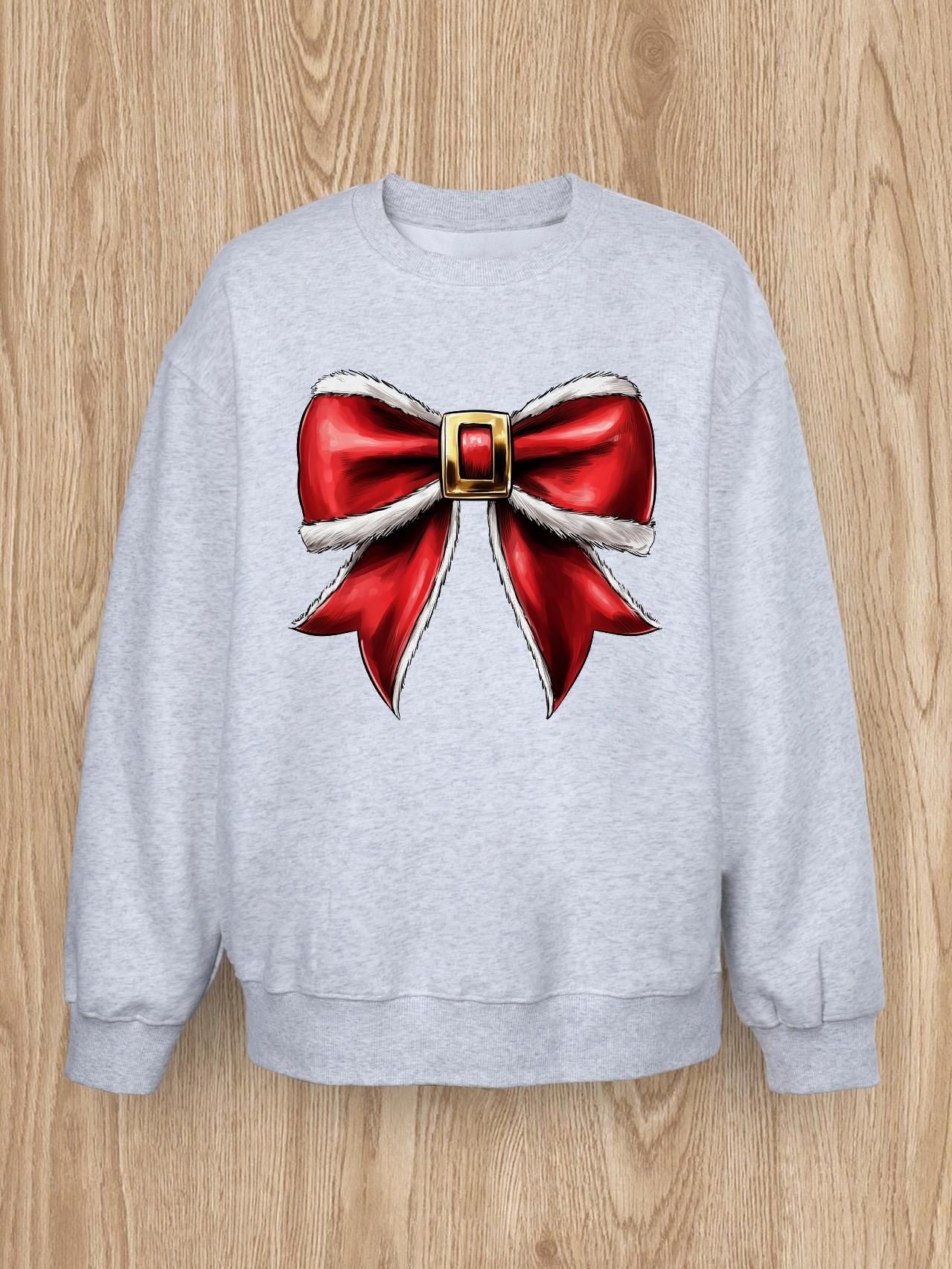 Women Basic Casual Pullover Spring Autumn Long Sleeve Christmas Plush Bow Printed Round Neck