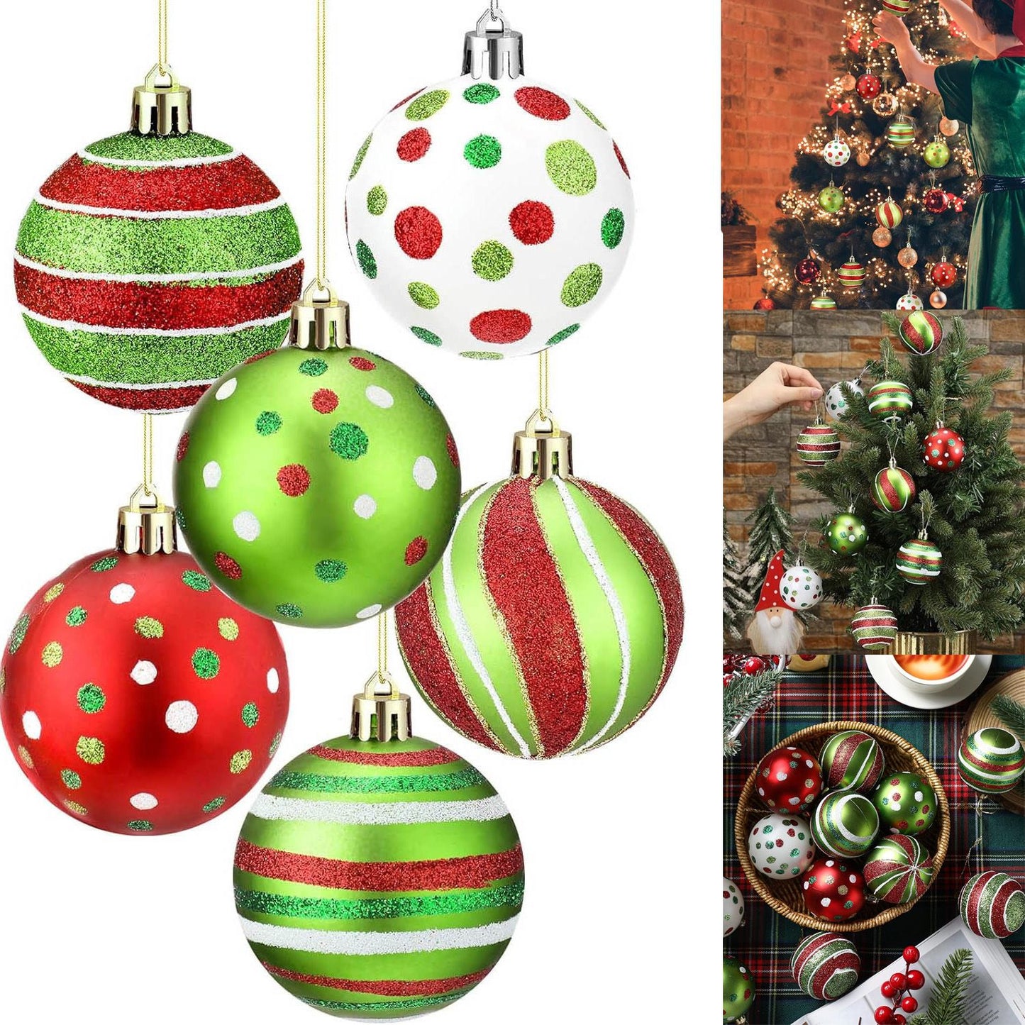 12Pcs Christmas Ball Ornaments with Ropes Glittering Swirl Polka Dot Design Plastic Hanging Decorations Red and Green Christmas Tree Shatterproof Pendants for Holiday New Year Xmas Party Decor