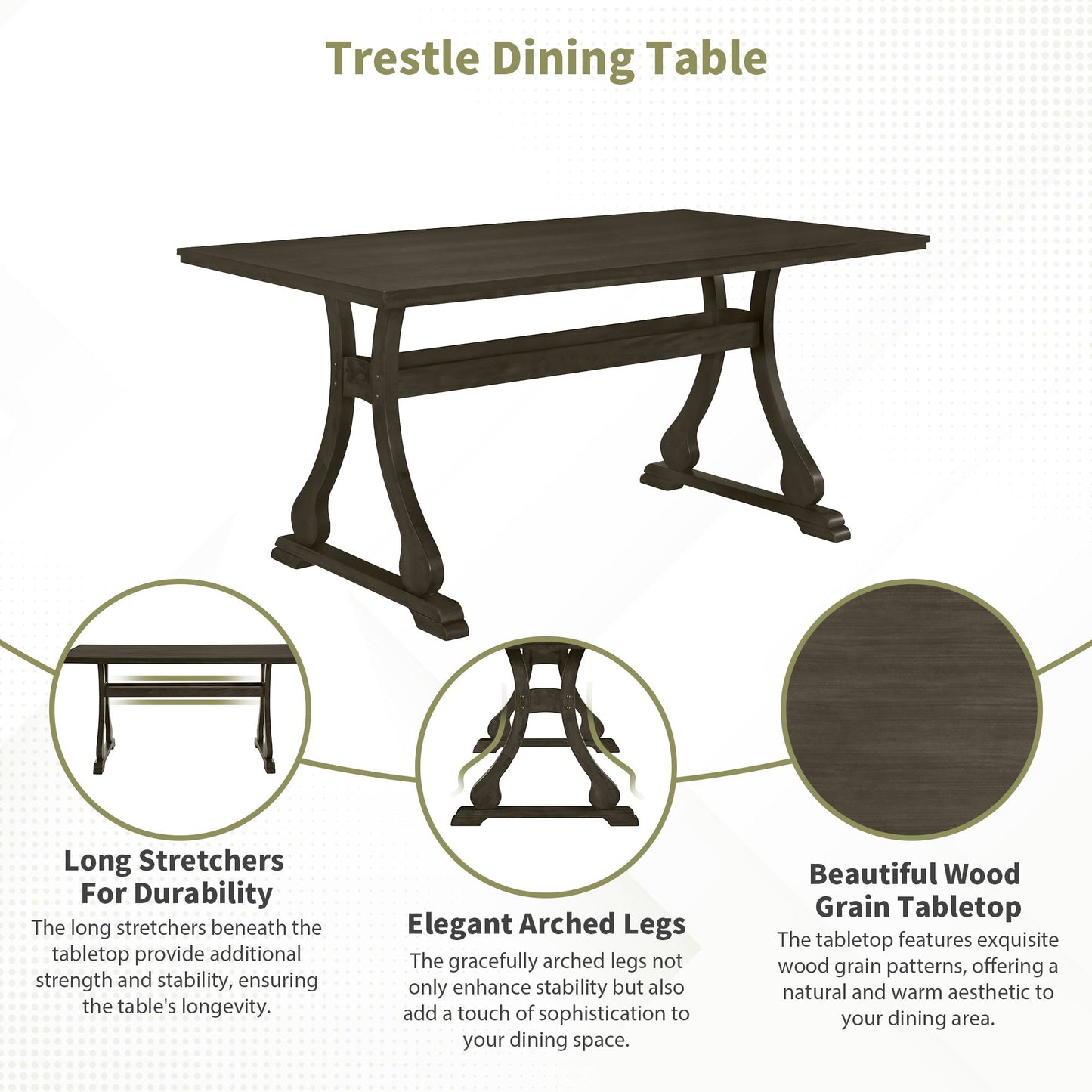 Retro 7-Piece Trestle Dining Table Set with Upholstered Dining Chairs, Smooth Dining Backs for Dining Room, Living Room, Kitchen