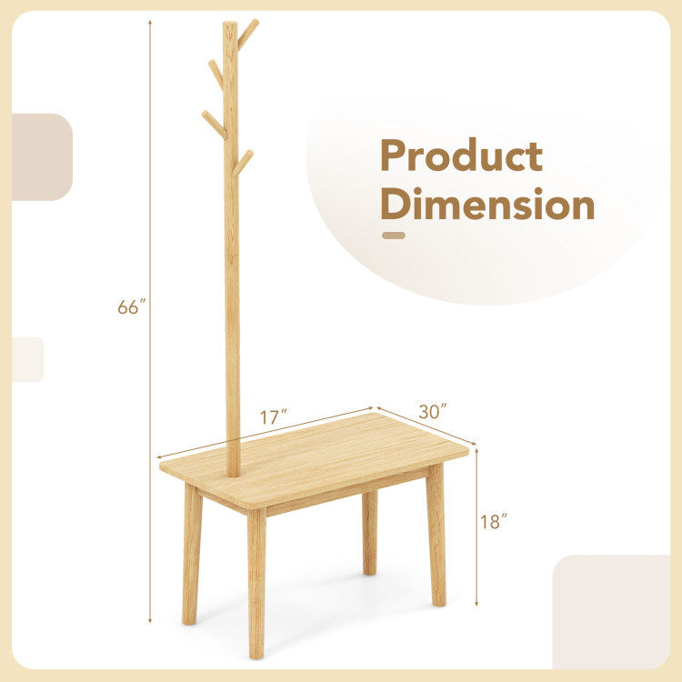 End Table with Coat Rack Solid Wood Coat Tree with 2-in-1 Side Table