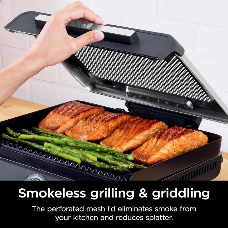 Ninja GR101 Sizzle Smokeless Indoor Grill & Griddle, 14'' Interchangeable Nonstick Plates, Dishwasher-Safe Removable