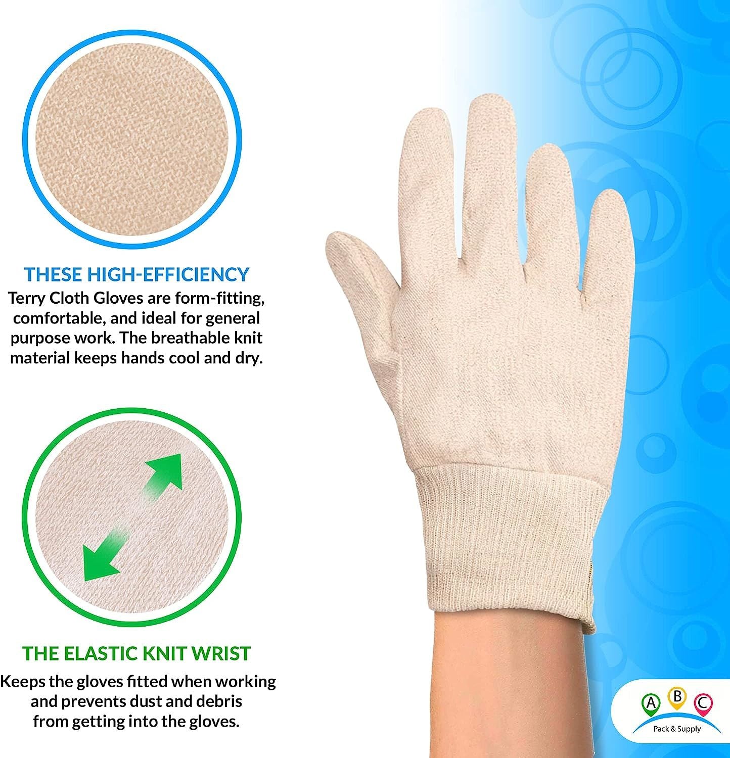 12 Pack Terry Cloth Gloves 24 OZ. Industrial Oven Gloves for Heat Care. General Purpose Gloves with Elastic Wrist. Heat Resistant Gloves for Baking; Cooking Needs. Natural Color.