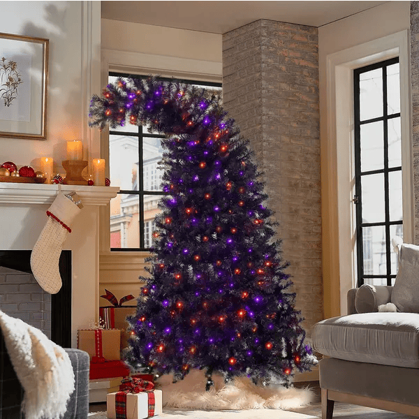 6FT Artificial Fir Bent Top Halloween Christmas Tree, Xmas Tree Bendable Style Christmas Tree Holiday Decoration W1,080 Branch Tips, 300 LED Lights X Mas Halloween Style