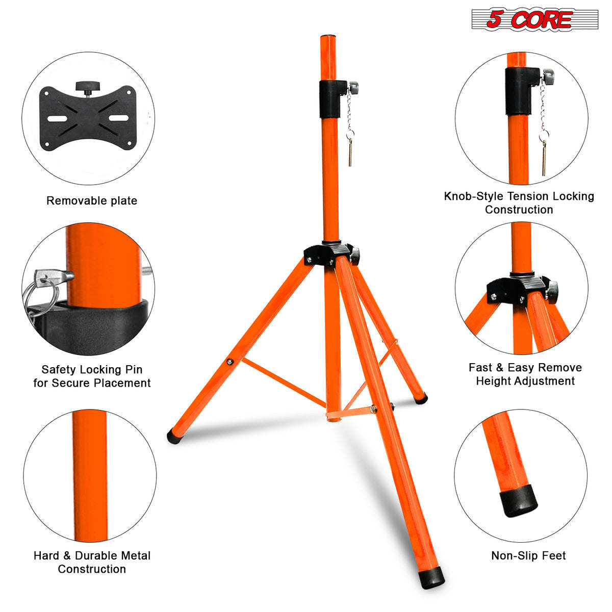 5 Core Speaker Stand Tripod Floor Tall Adjustable Up to 72 Inch DJ Studio Monitor Stands Pole Mount - SS ECO ORG WOB